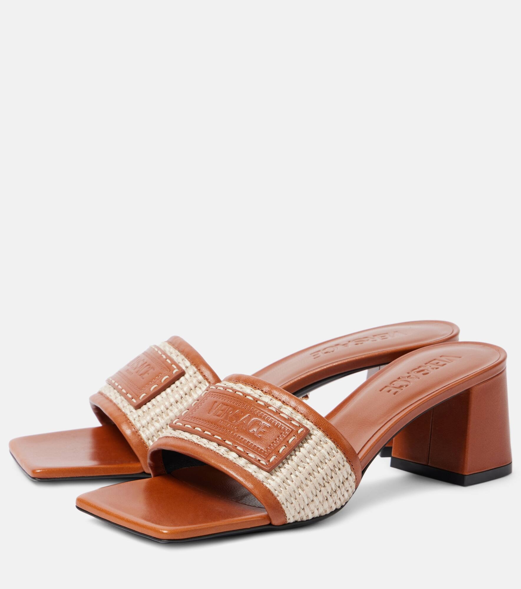 Theia Barocco leather-trimmed raffia mules - 5