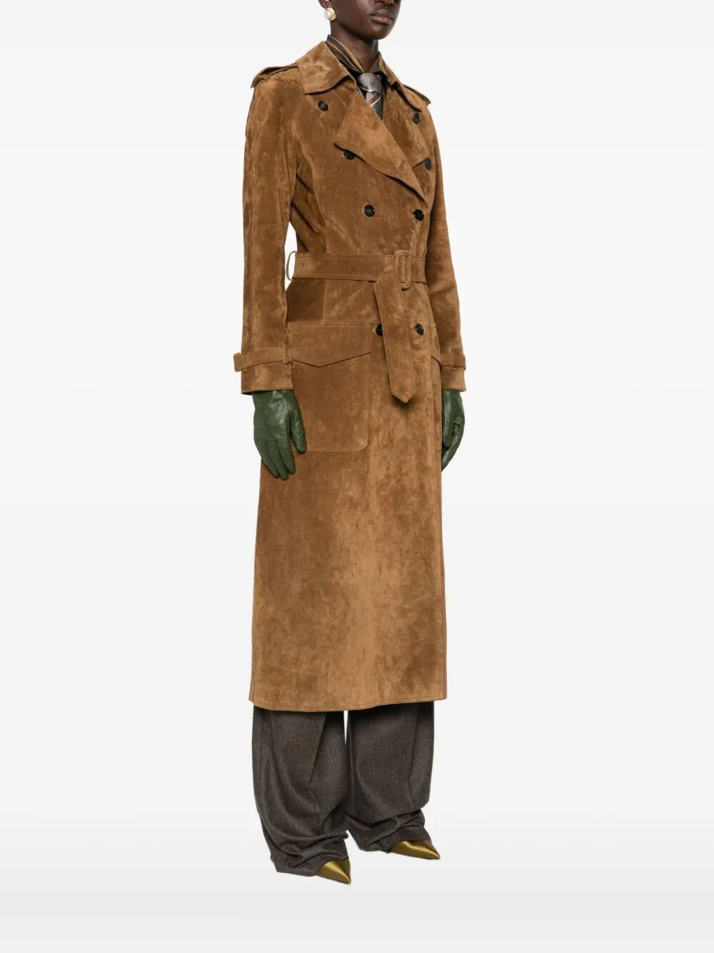 Long Double-Breasted Suede Trench Coat - 3
