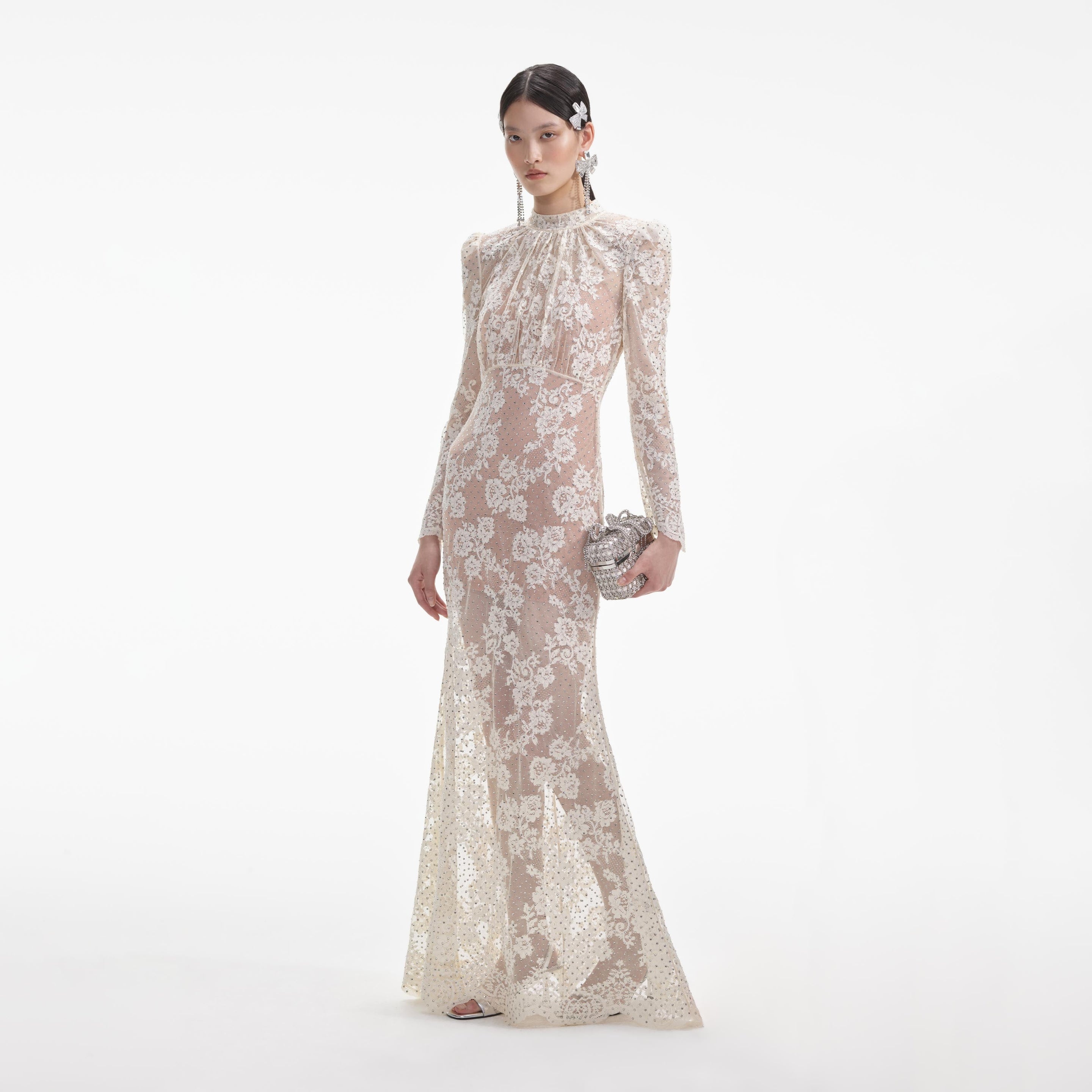 self-portrait White Rhinestone Lace Maxi Dress | REVERSIBLE