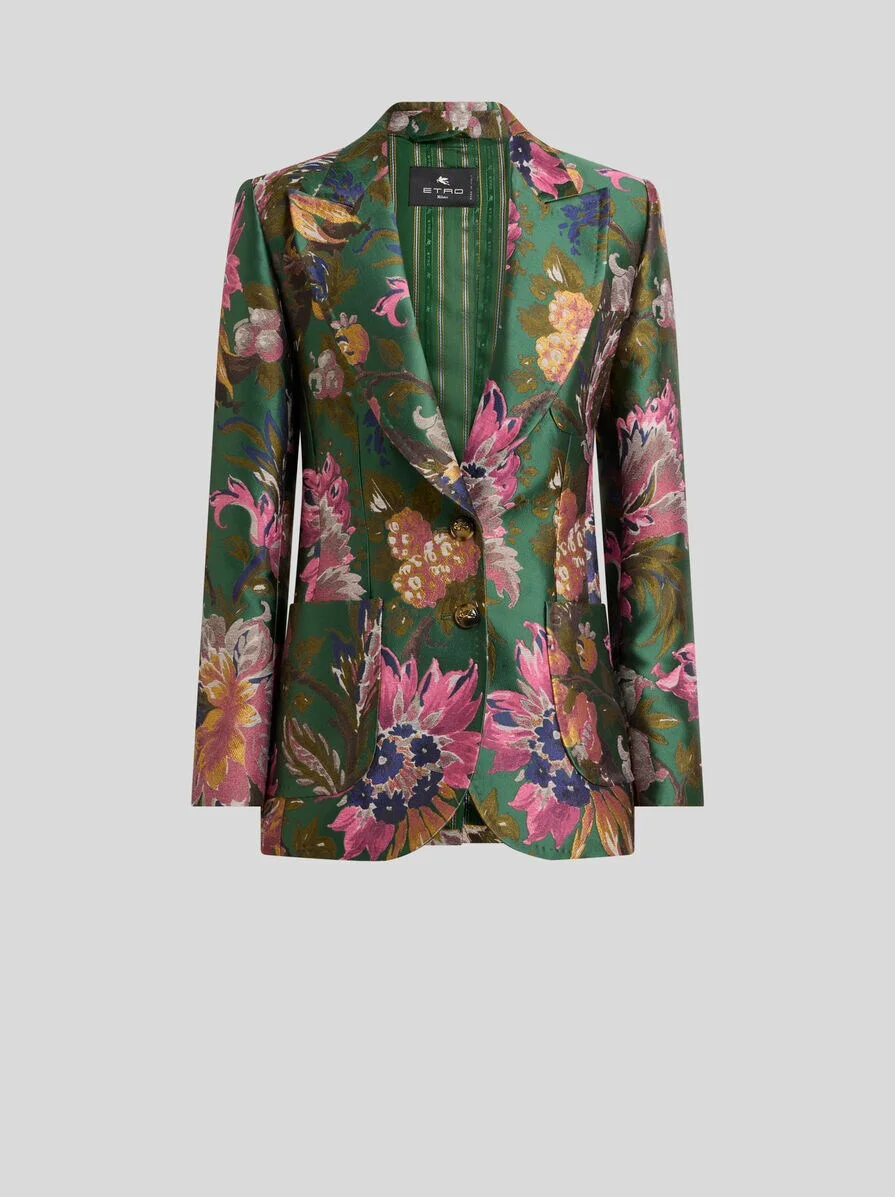 SINGLE-BREASTED COTTON-BLEND JACQUARD JACKET WITH FLORAL MOTIF - 1