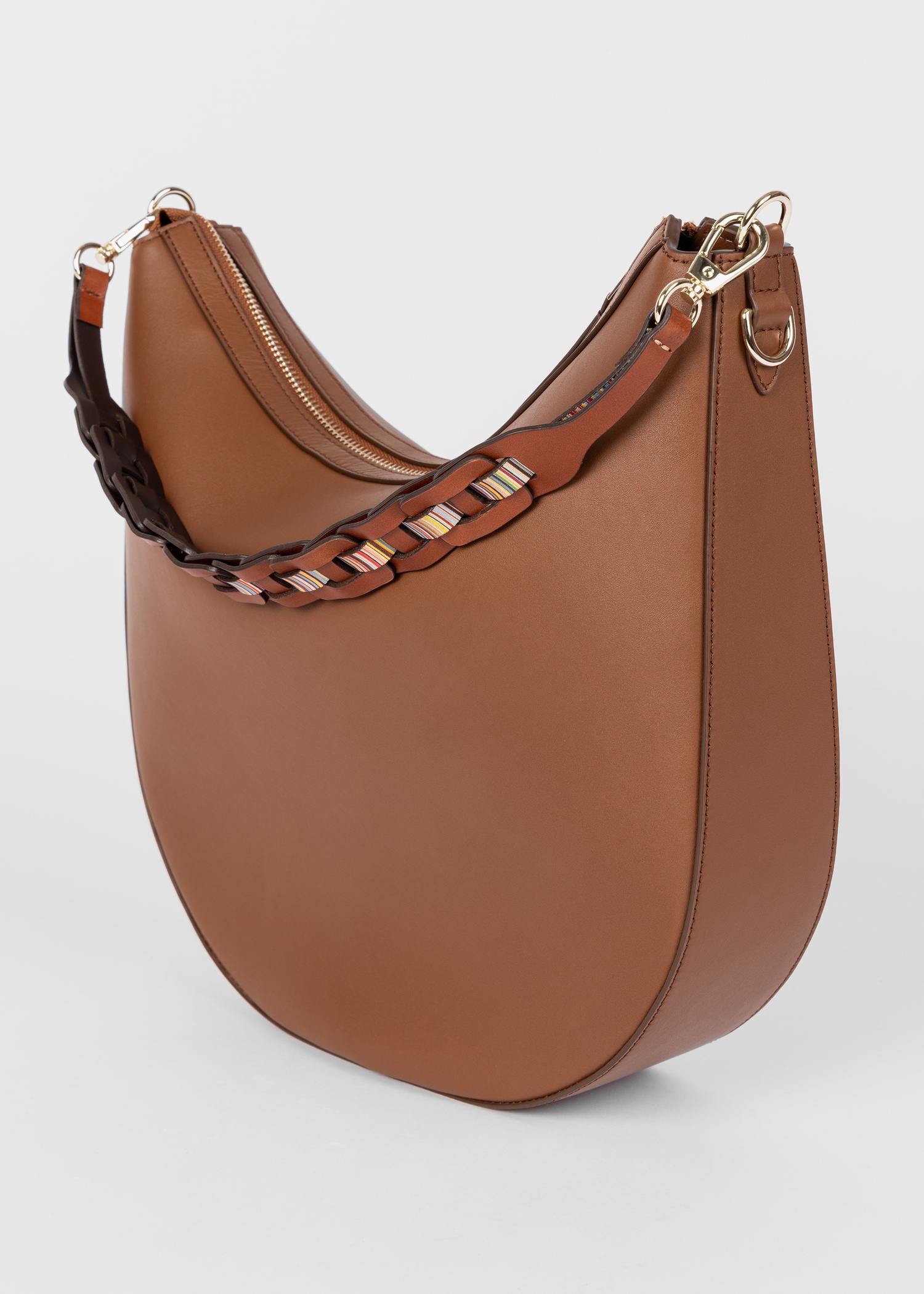 Women's Tan Leather Hobo Bag With Woven 'Signature Stripe' Strap - 6