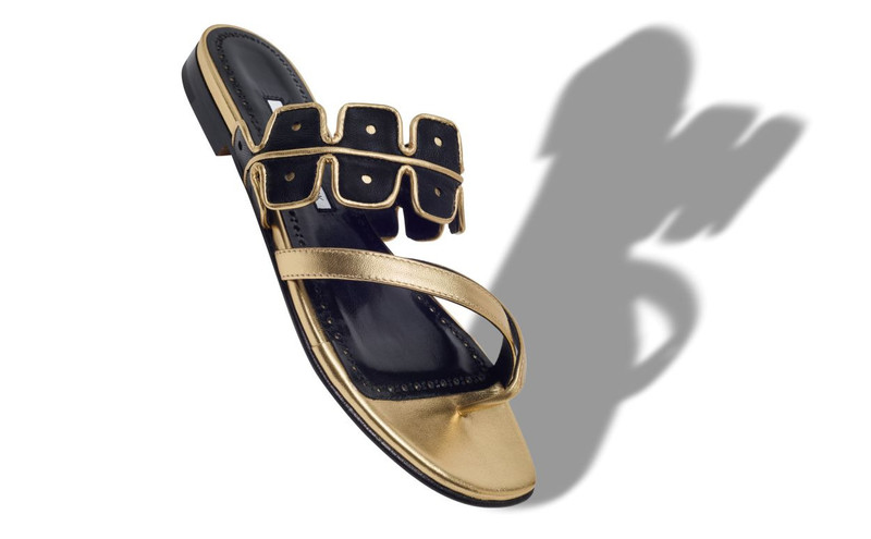 Manolo Blahnik Gold and Black Nappa Leather Flat Sandals outlook