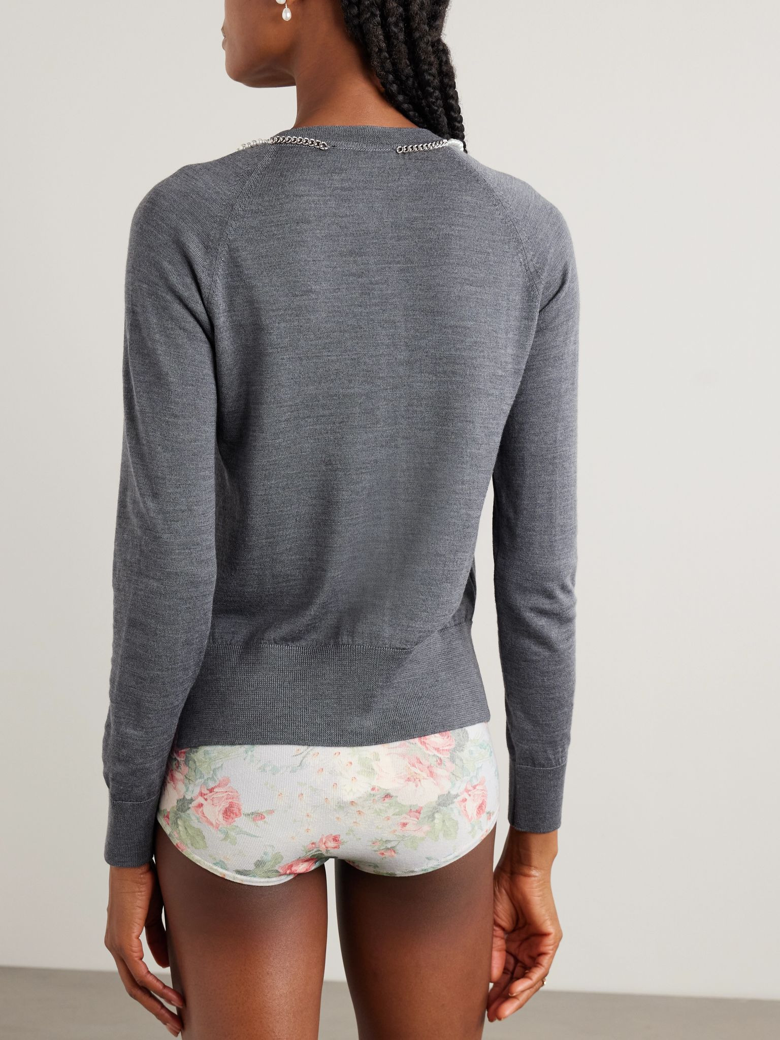 Embellished merino wool and silk-blend cardigan Charcoal - 3