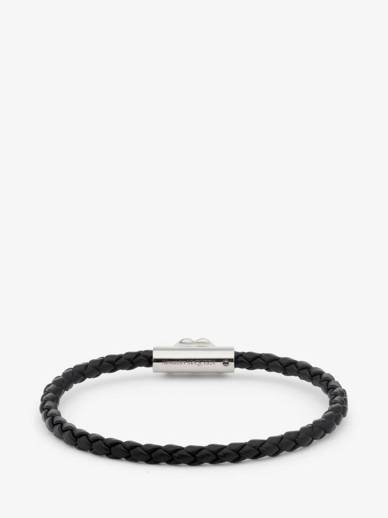 Men's Seal Logo Leather Bracelet in Black/antique Silver 3