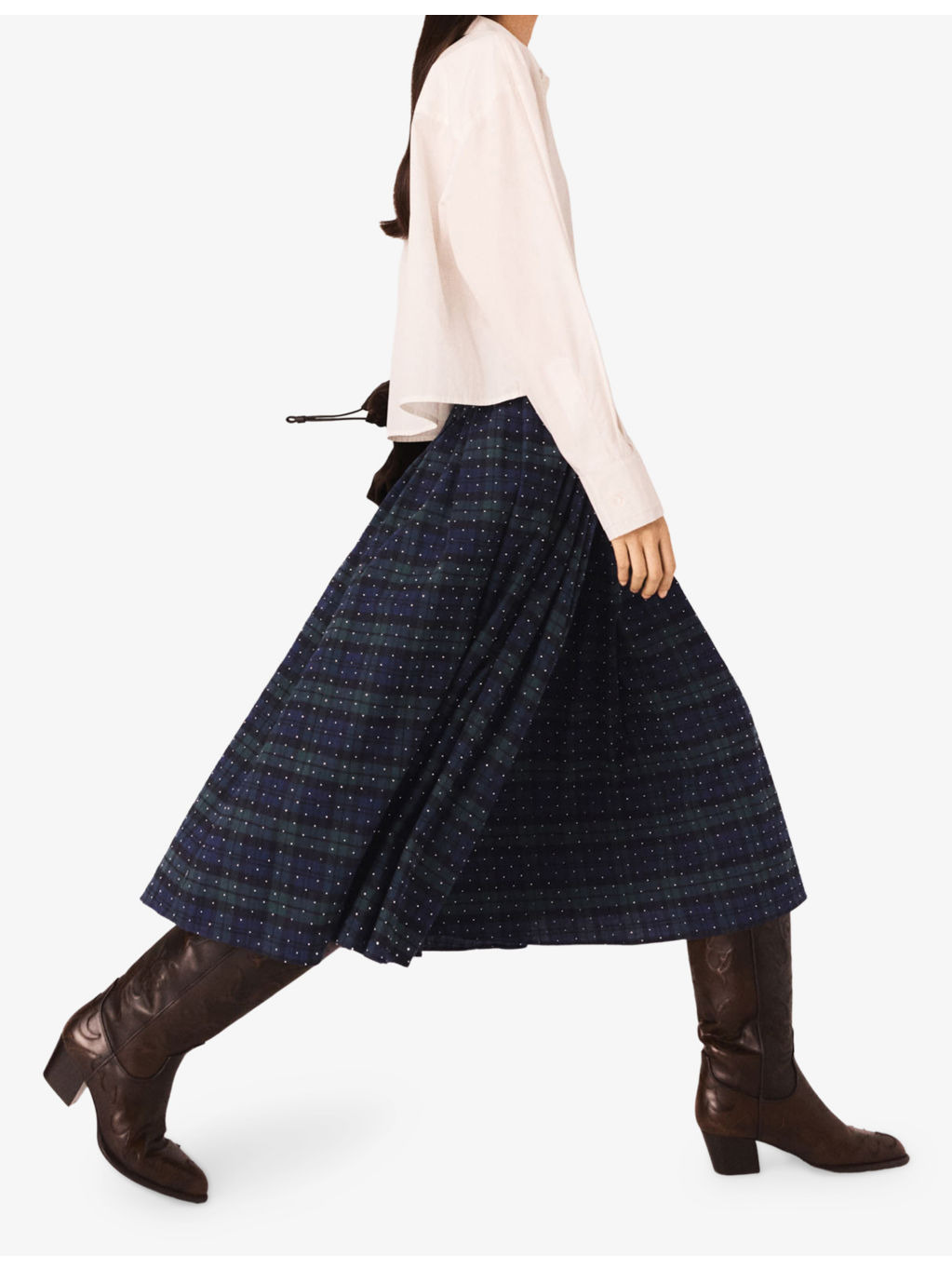 Rhinestone-Embellished Checked Cotton Midi Skirt - 3