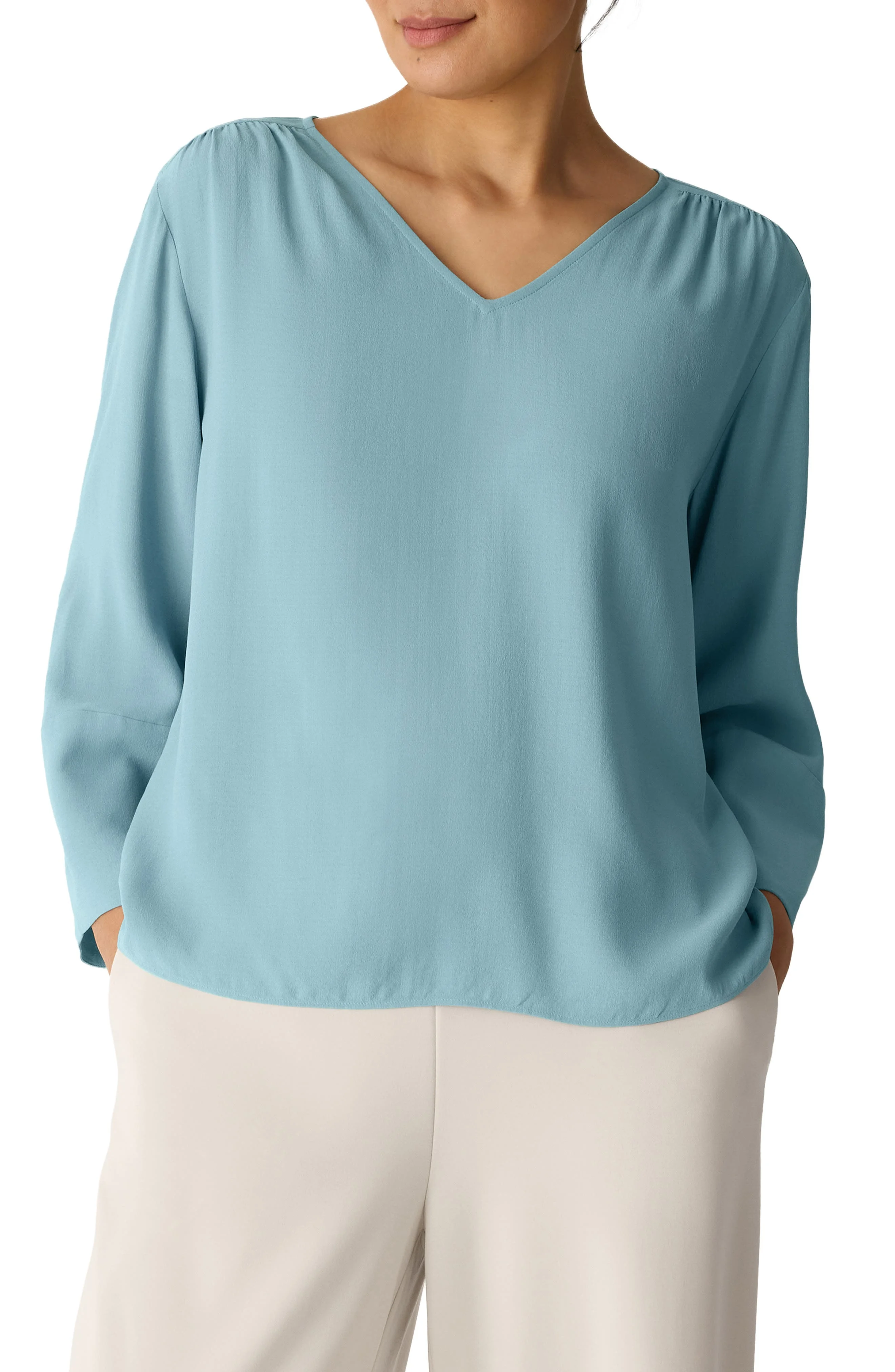 Eileen Fisher Lantern Sleeve Silk Top in Seafoam at Nordstrom - 1
