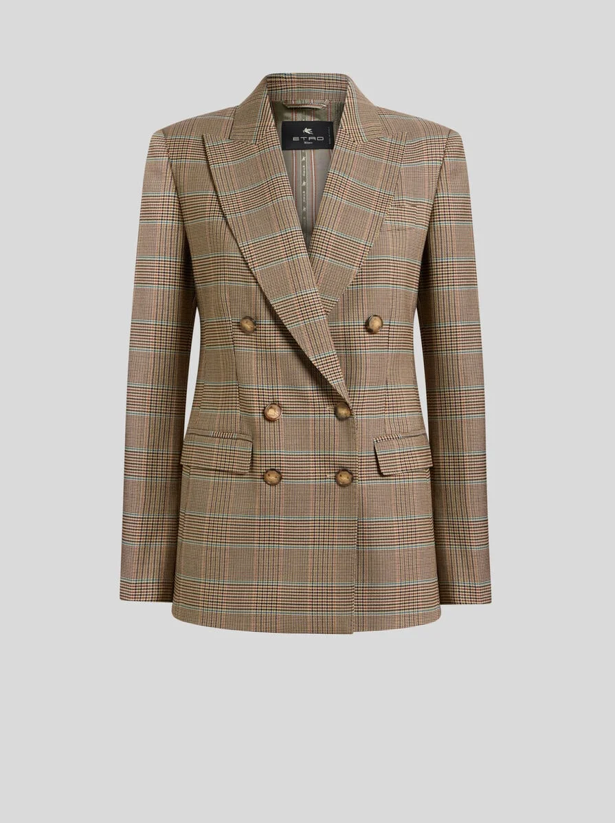 DOUBLE-BREASTED STRETCH WOOL JACKET WITH PRINCE OF WALES MOTIF - 1
