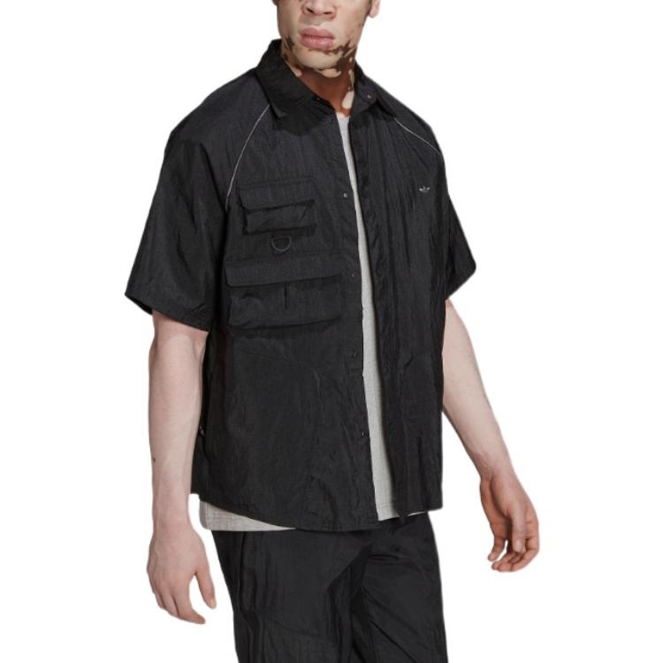 Men's adidas originals Solid Color Lapel Short Sleeve Black Shirt HK2733 - 4