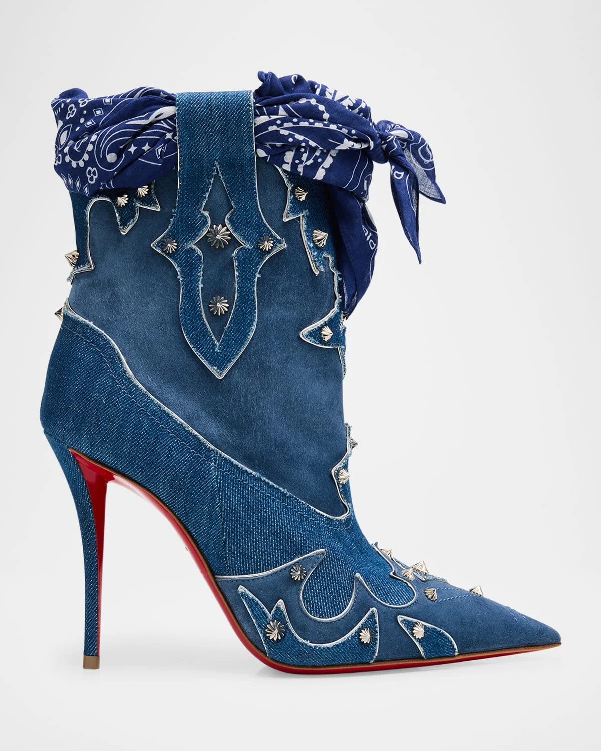 Bootyiag Denim and Suede Bandana Red-Sole Western Booties - 1