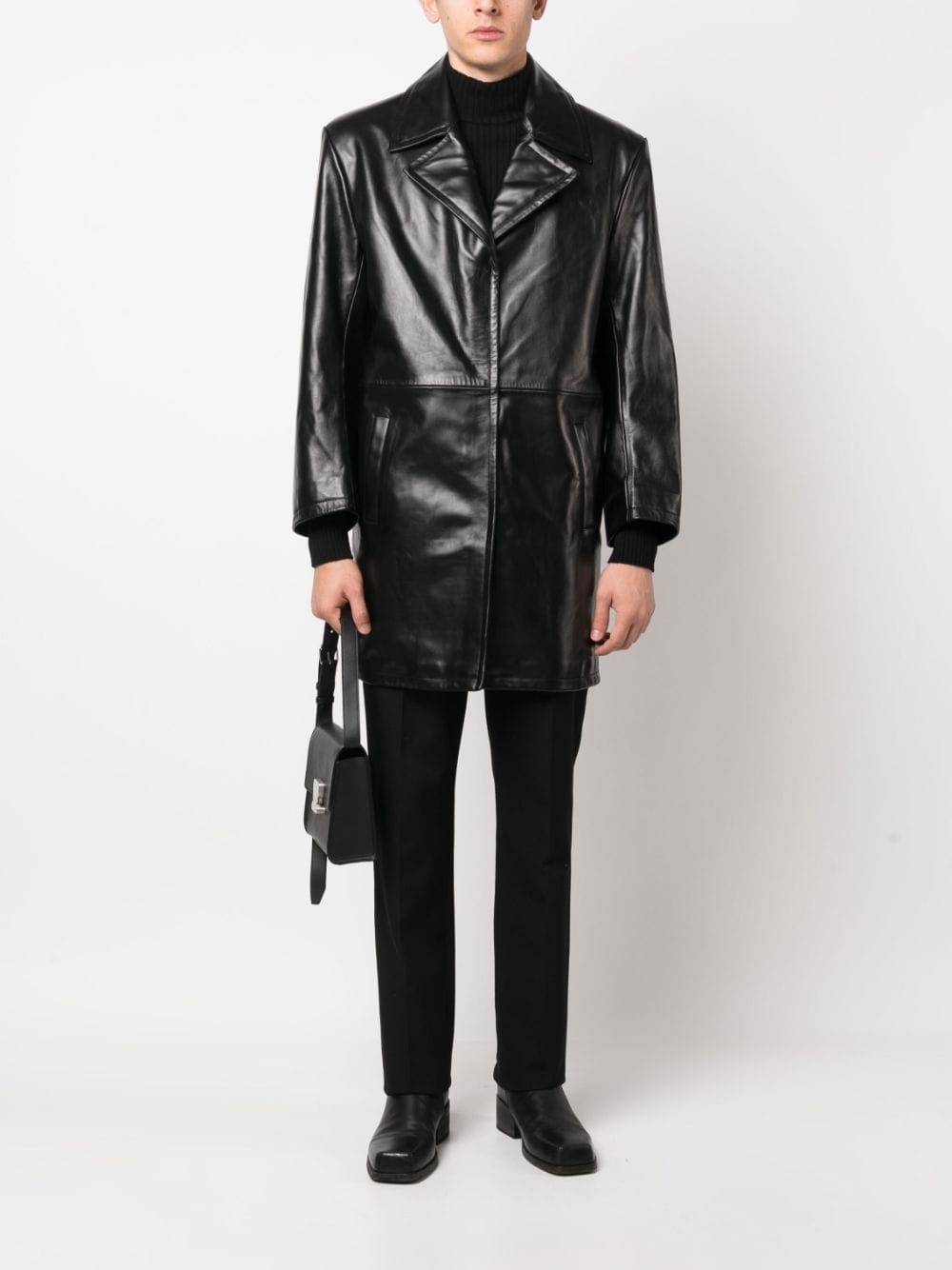 single-breasted leather coat - 3
