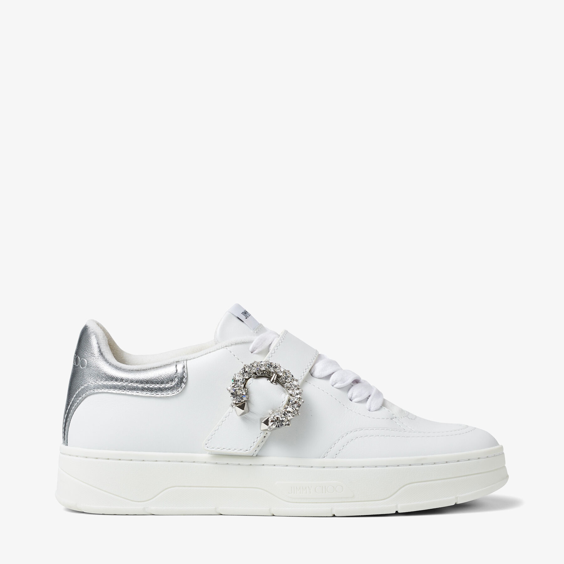 Osaka Lace Up
White Calf Leather and Silver Metallic Nappa Low Top Trainers with Crystal Buckle - 1