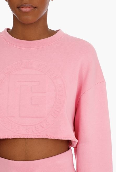 Cropped light pink sweatshirt with embossed Balmain logo - 6