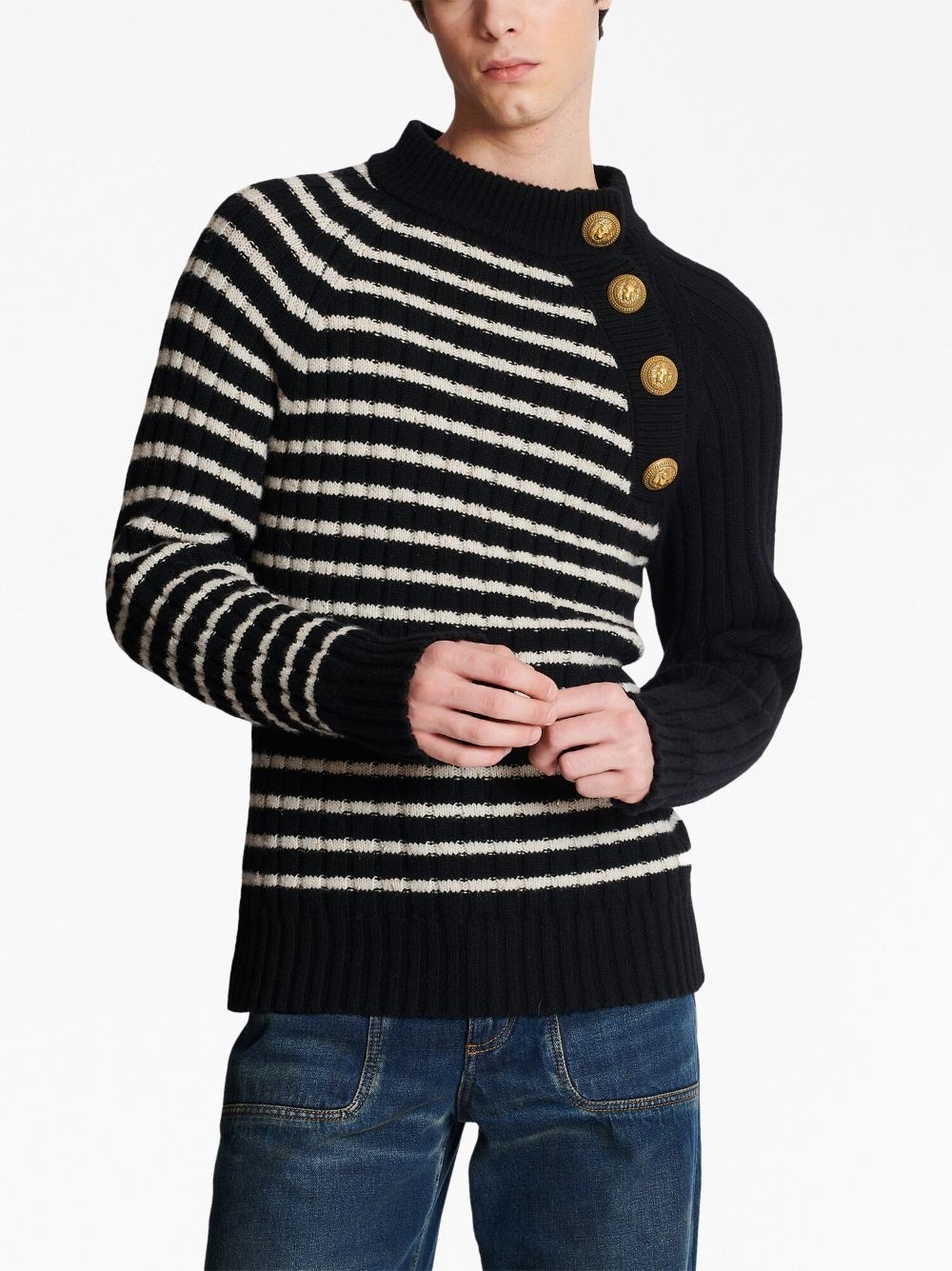 embossed-button striped jumper - 6