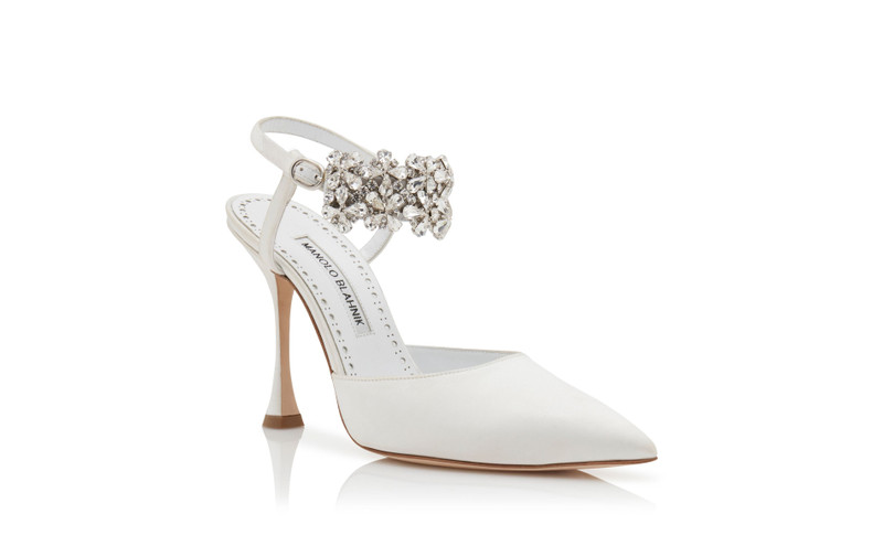 Cream Satin Embellished Ankle Strap Pumps 3