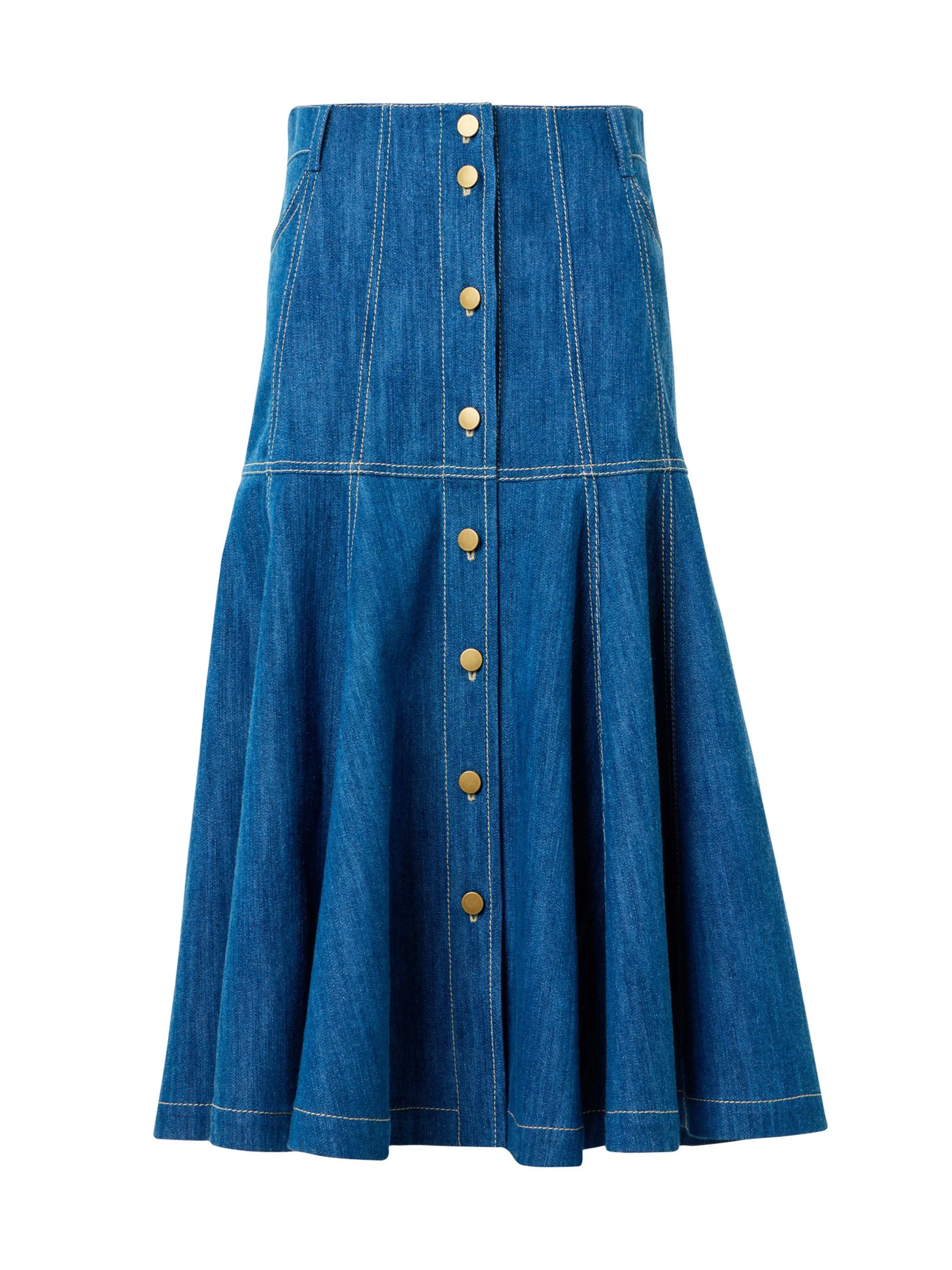 Women's Denim Dropped-Waist Midi-Skirt - Medium Blue Denim - 1
