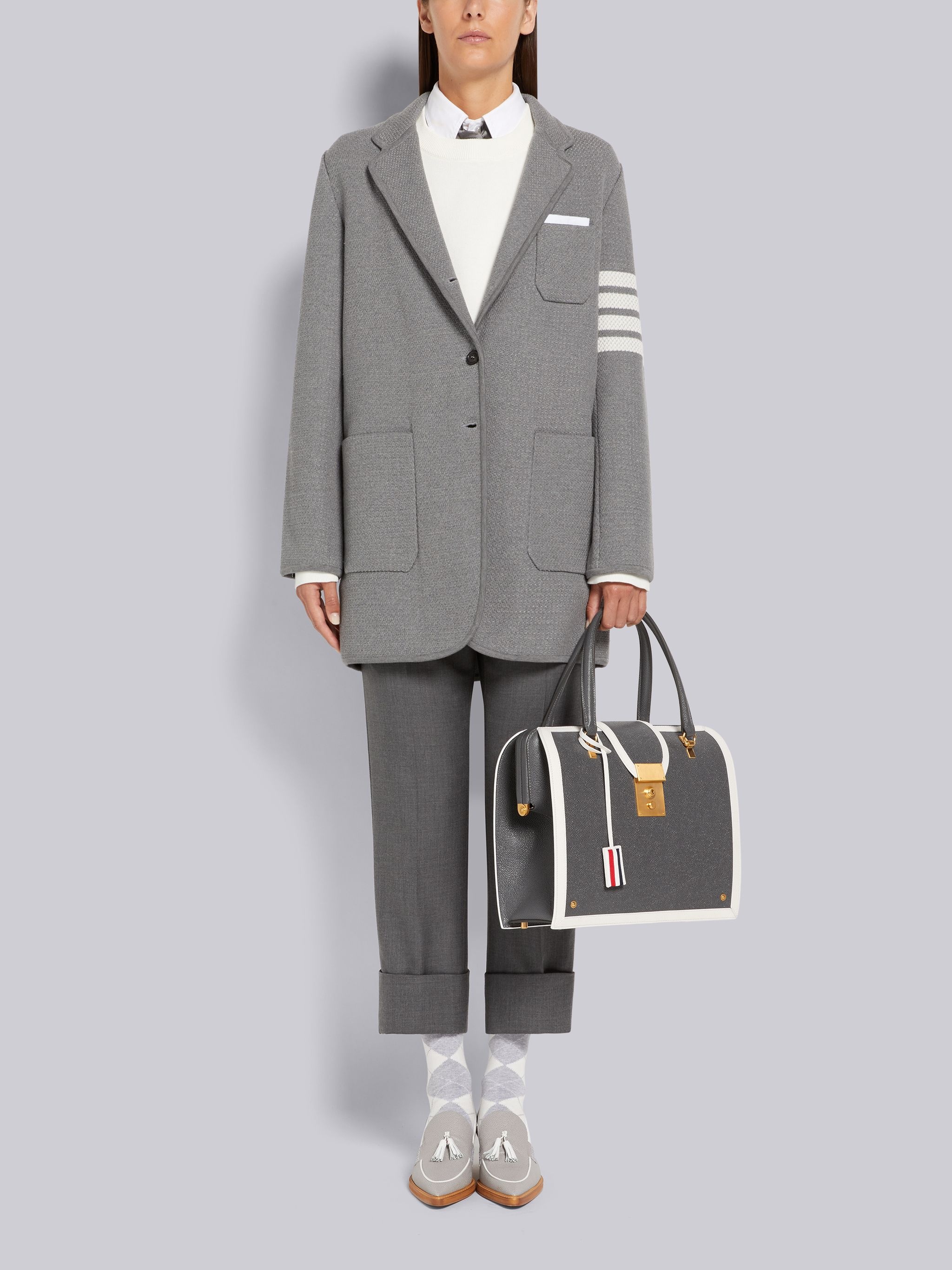 Light Grey Textured Jacquard 4-Bar Narrow Shoulder Sack Jacket - 4