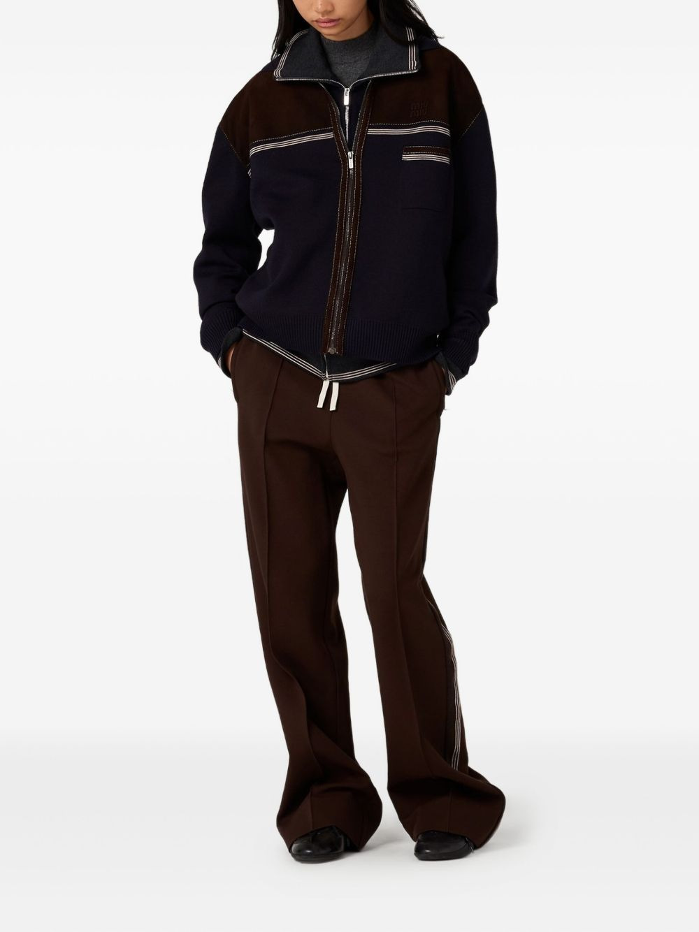 leather-panel wool cardigan - 2