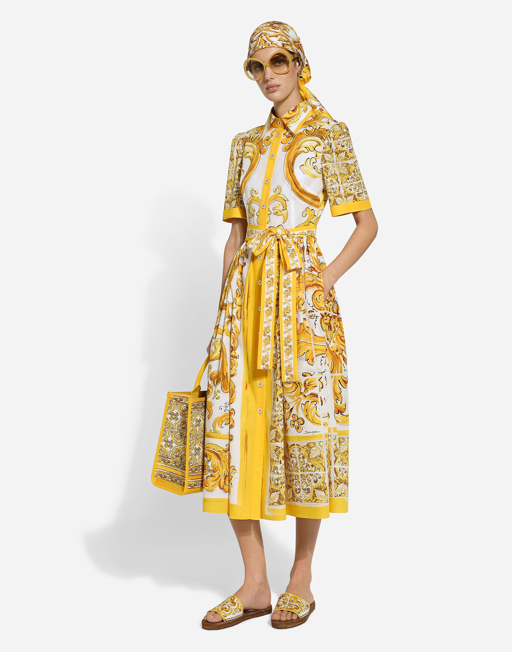 Cotton poplin midi shirt dress with majolica print - 7