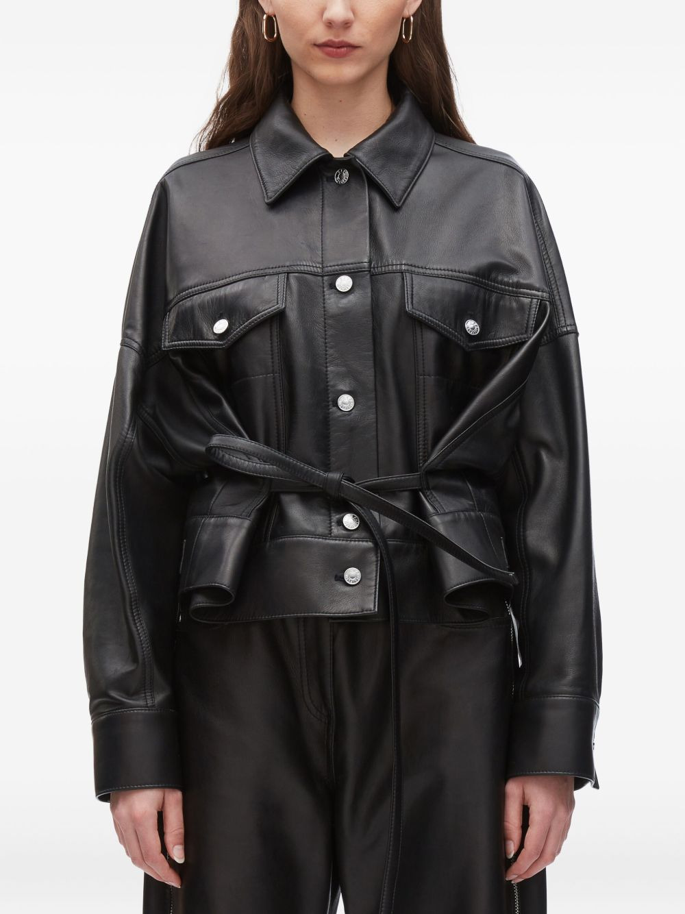 belted leather shirt jacket - 3