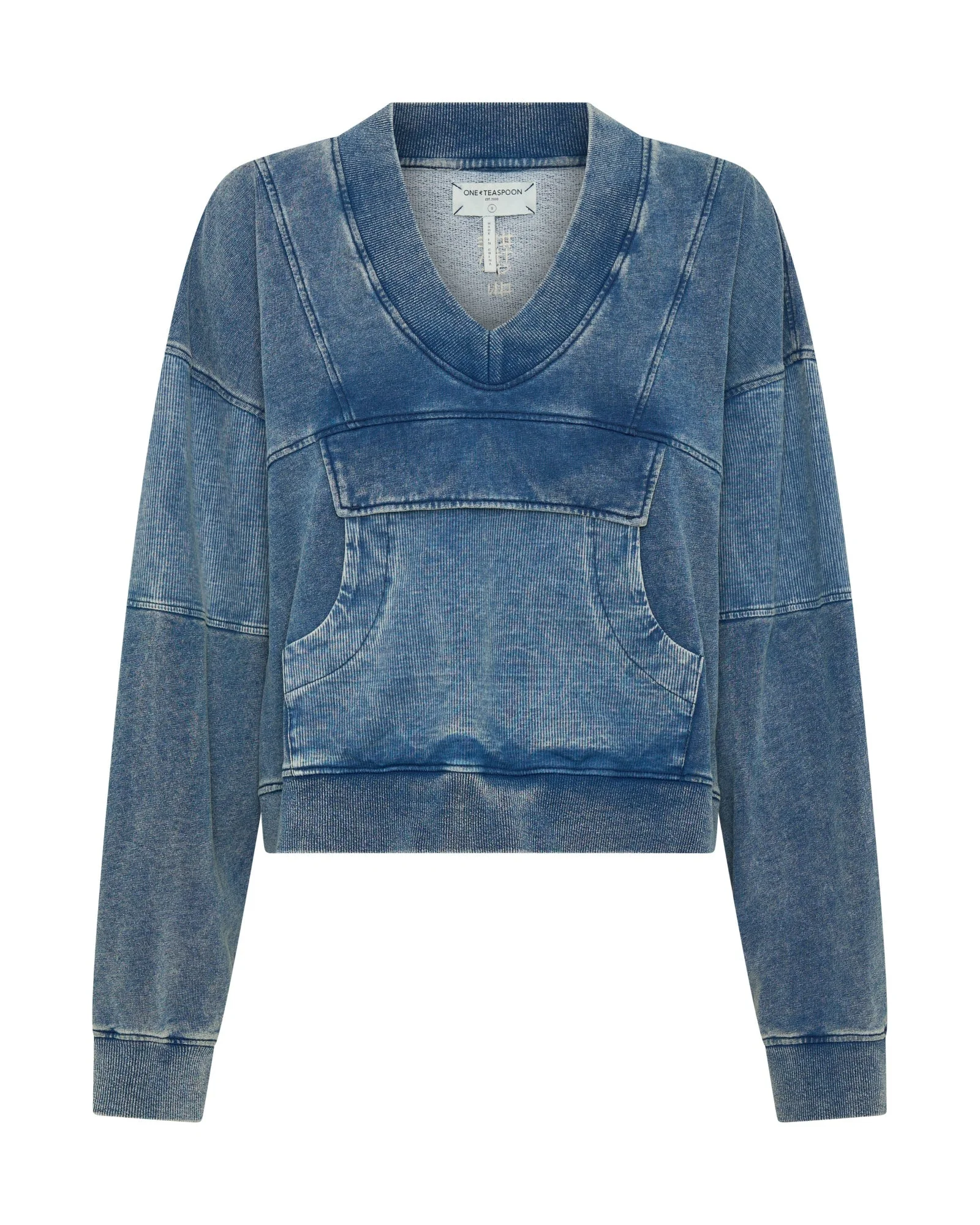Retro Fade Panelled V Sweater - Washed Blue - 1