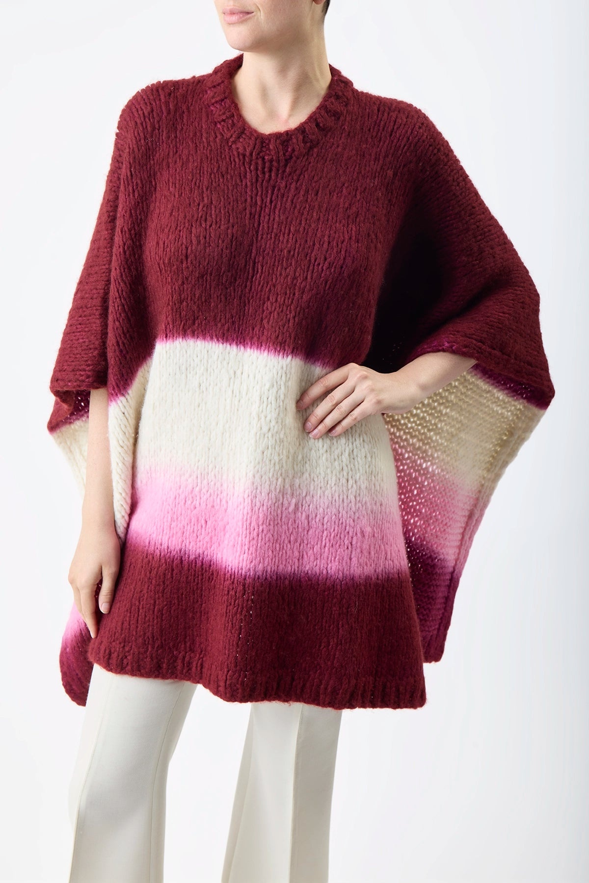 Lyla Poncho Dip Dye in Bordeaux Multi Welfat Cashmere - 5