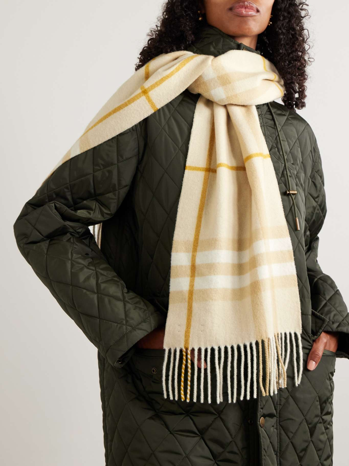 Fringed checked cashmere scarf Cream - 2