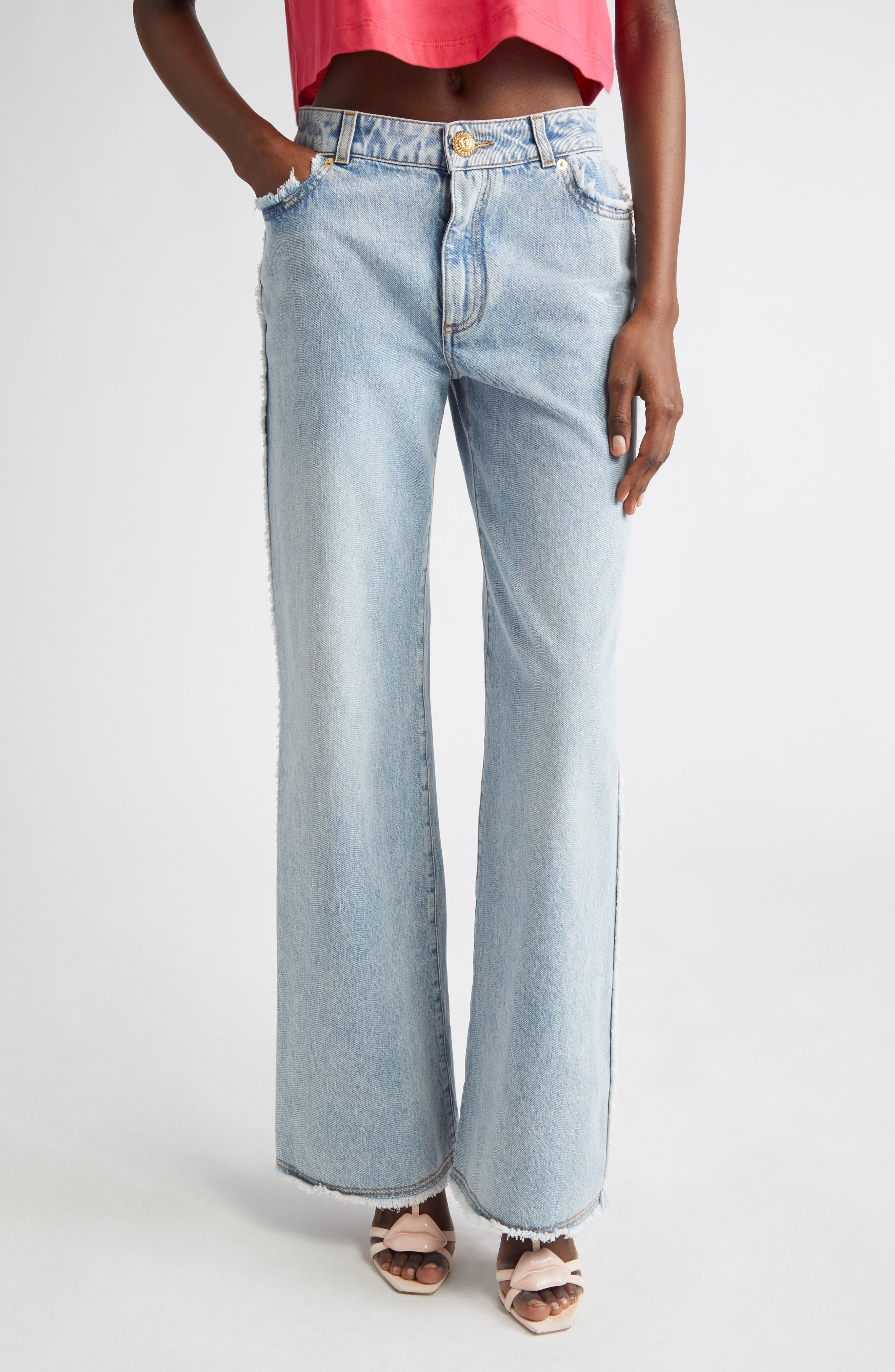 Balmain Raw Hem Straight Leg Jeans in Light Blue at Nordstrom - 1