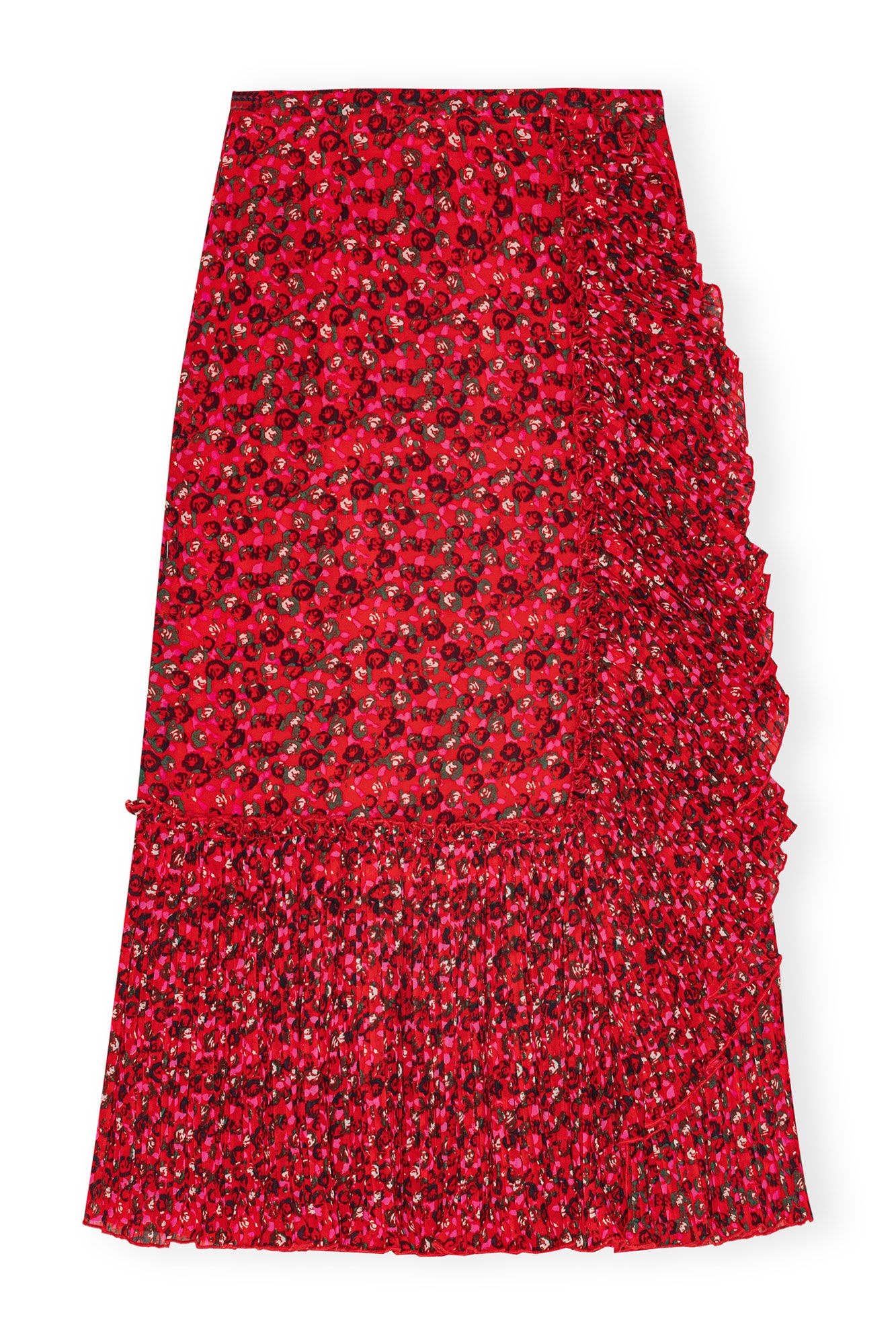 RED PLEATED GEORGETTE FLOUNCE MIDI SKIRT - 6