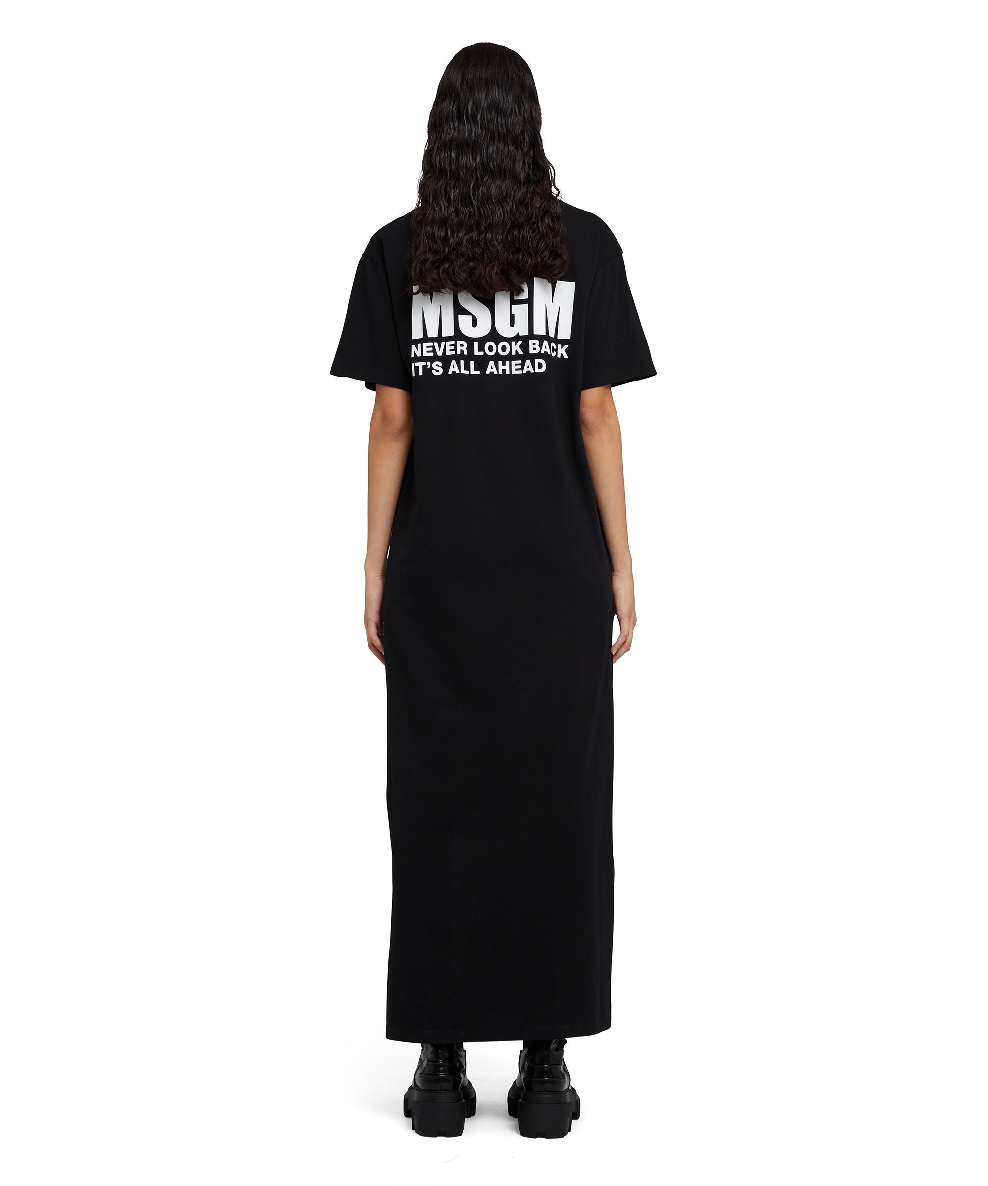 Long cotton dress with side slit and quote logo - 3