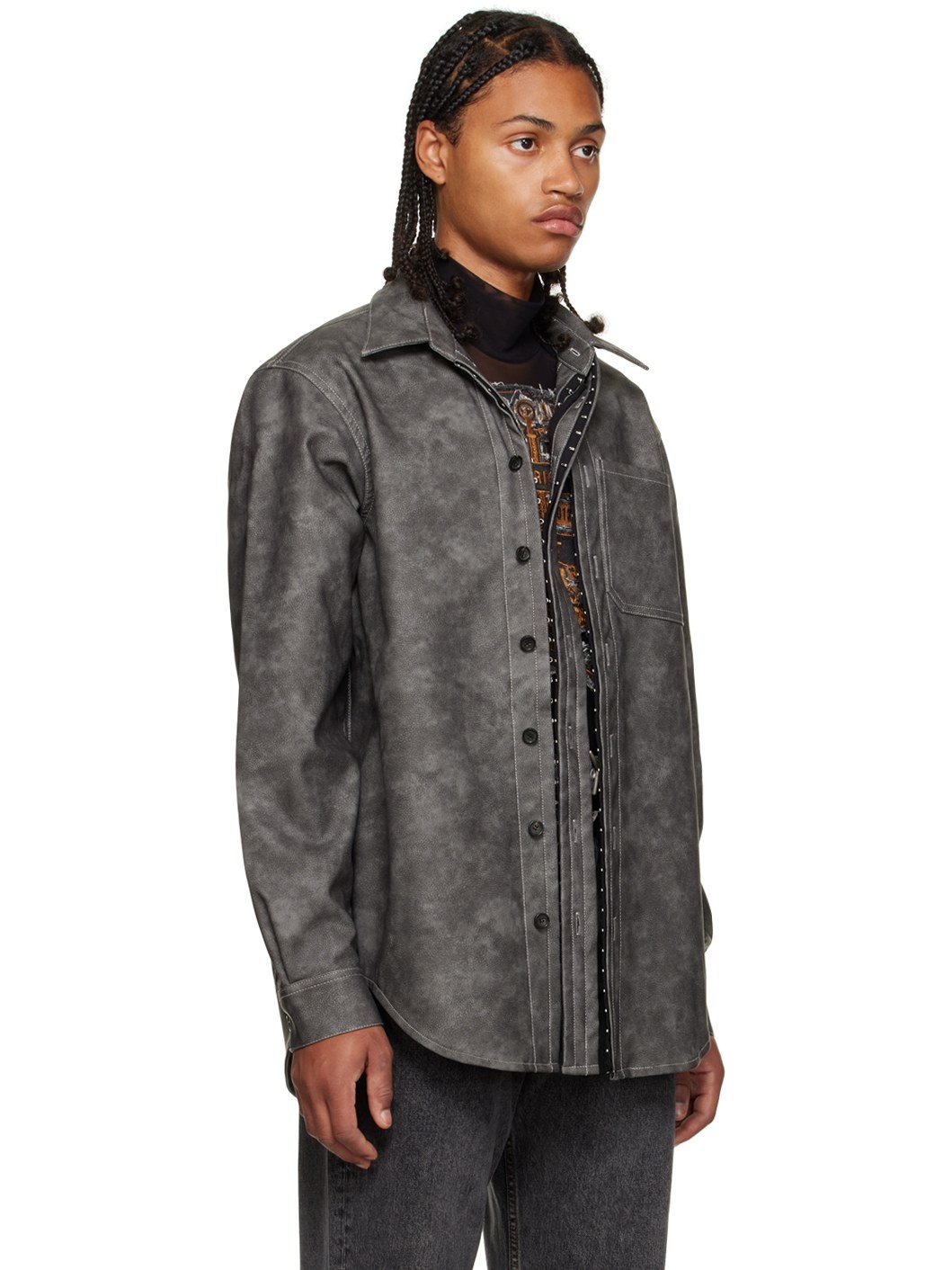 Gray Hook-Eye Faux-Leather Shirt - 2