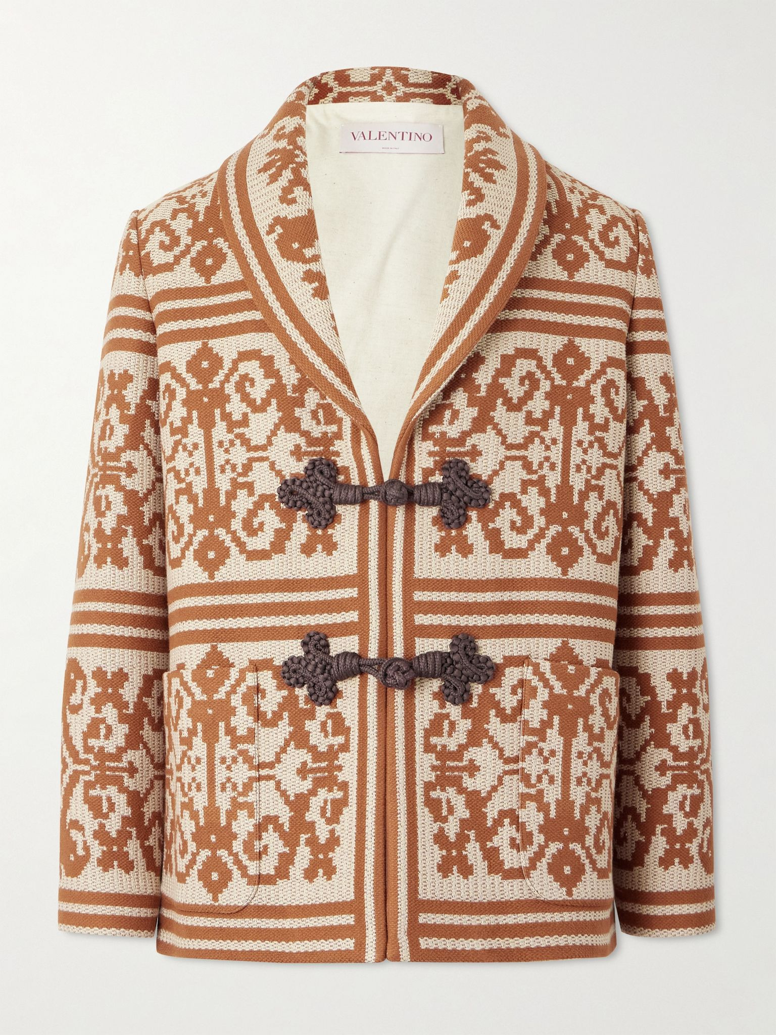 Shawl-Collar Cotton and Linen-Blend Jacquard Cardigan Brown - 1
