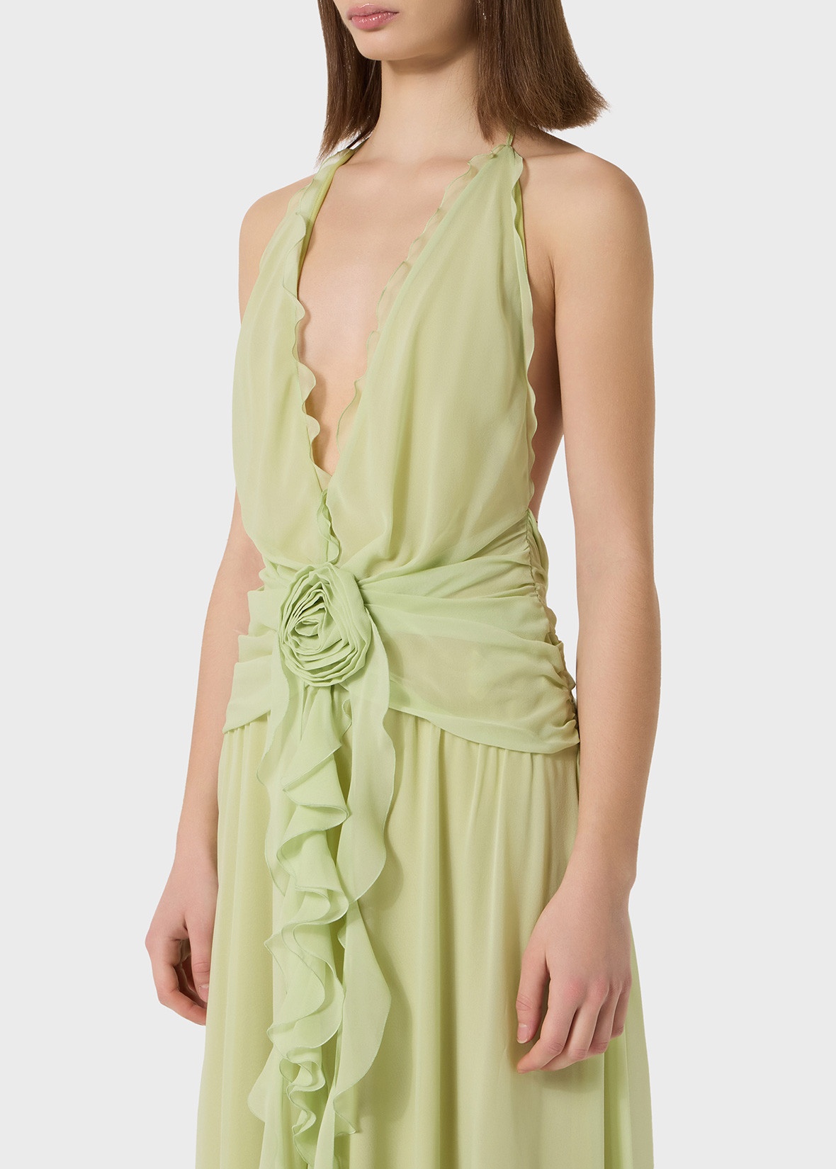 LONG GEORGETTE DRESS WITH RUFFLES AND ROSE DECORATION - 5