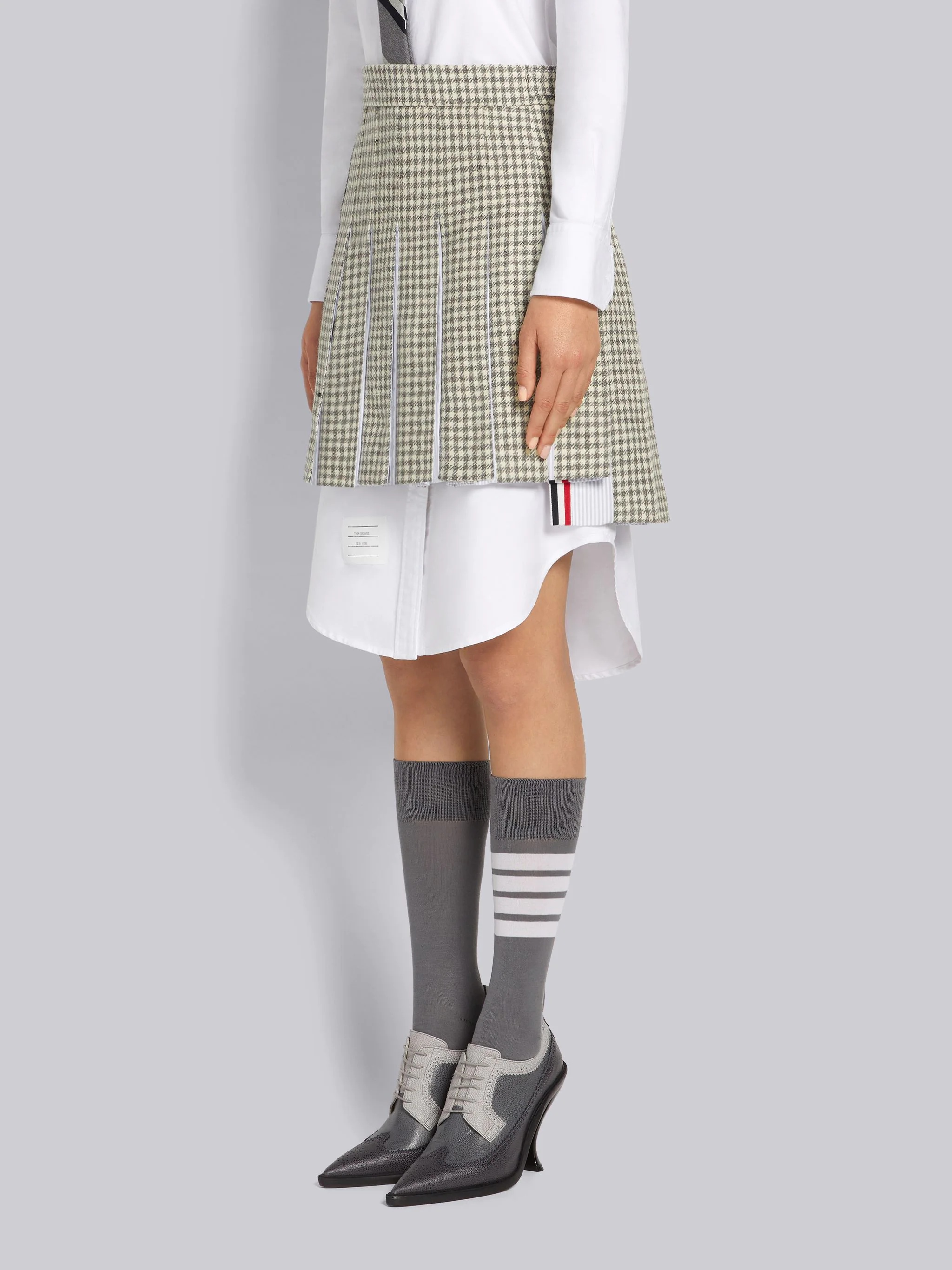 Medium Grey Gunclub Check Wool Hunting Tweed University Stripe Oxford Pleat Dropped Back Miniskirt - 2