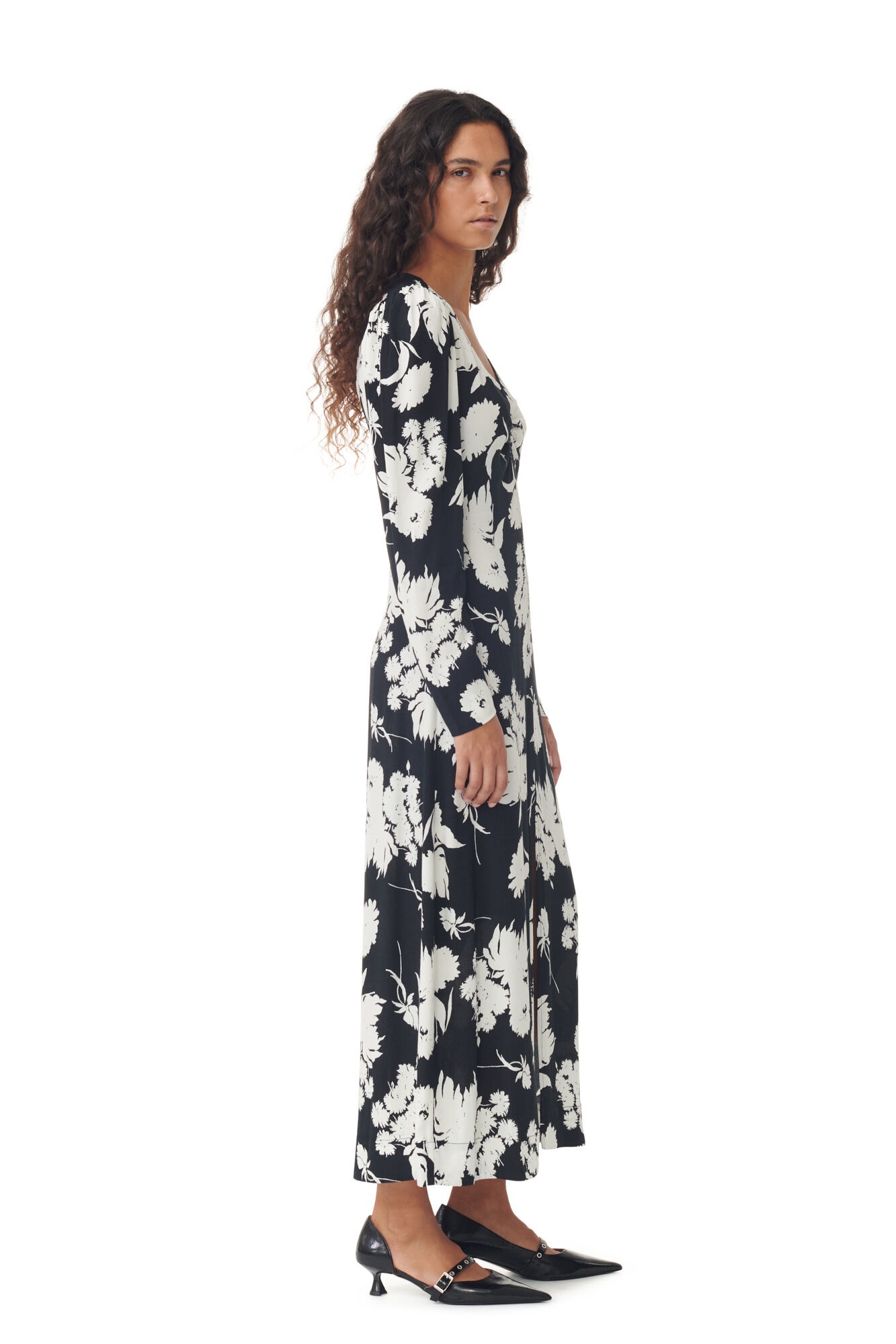 PRINTED CREPE V-NECK DRESS - 5