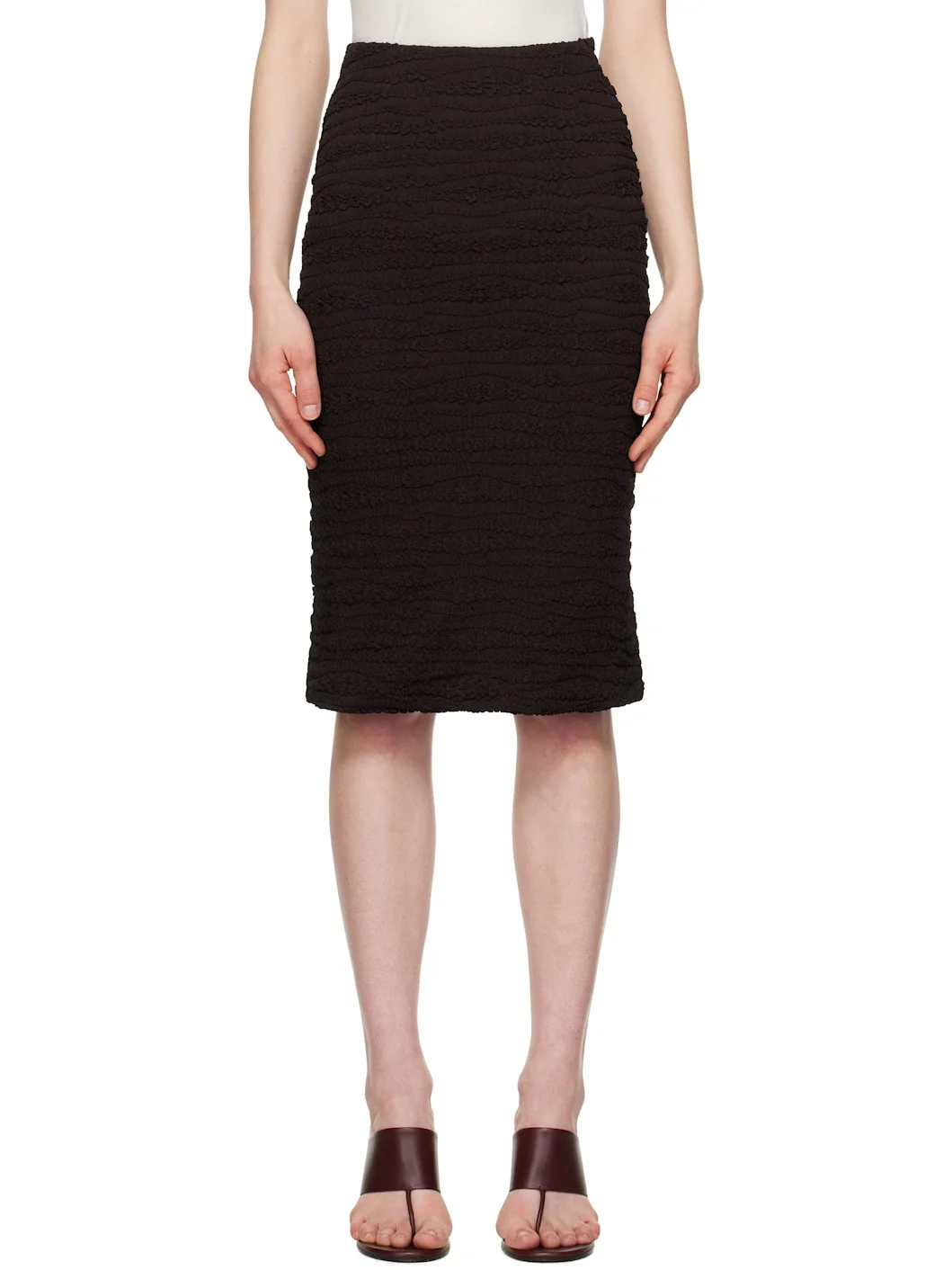 Brown Shirring Midi Skirt - 1