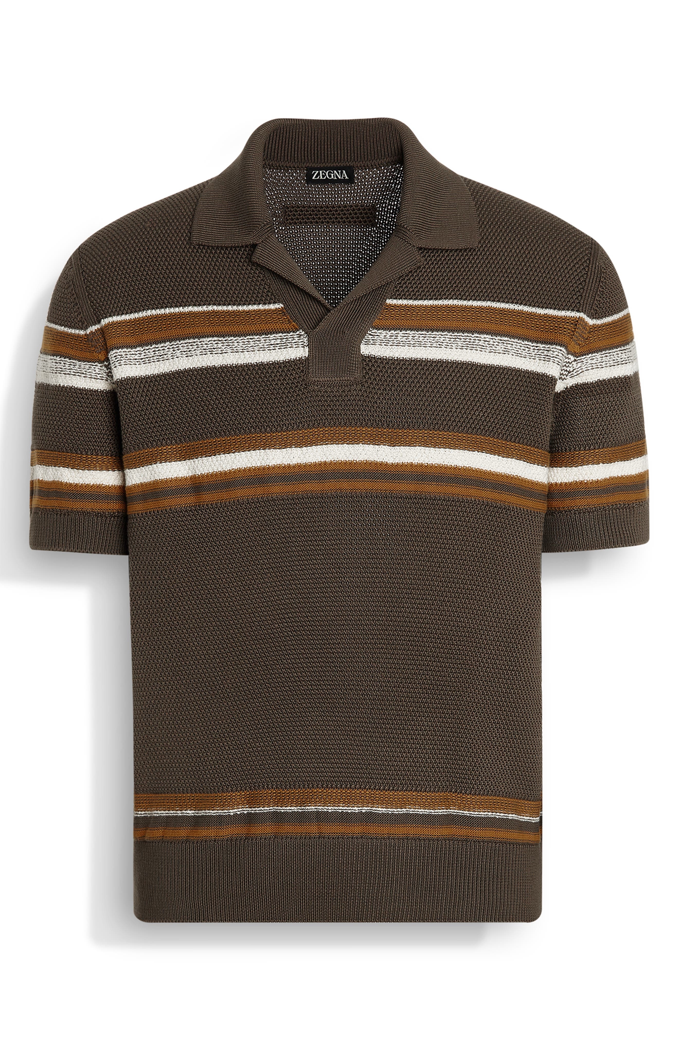 ZEGNA Stripe Cotton & Silk Polo Sweater in Dark Beige Stripe at Nordstrom - 3