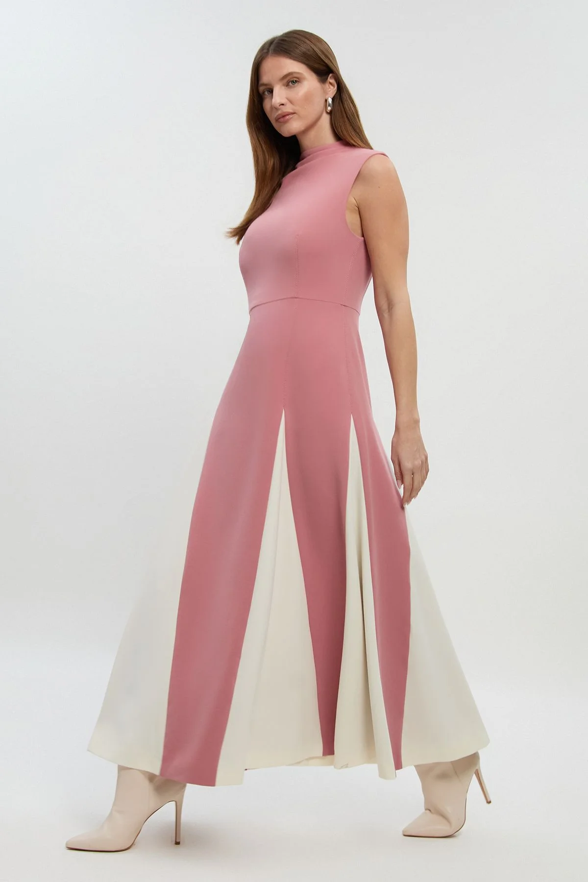 Petite Compact Stretch Tailored Colour Block Full Skirted Midi Dress - 1