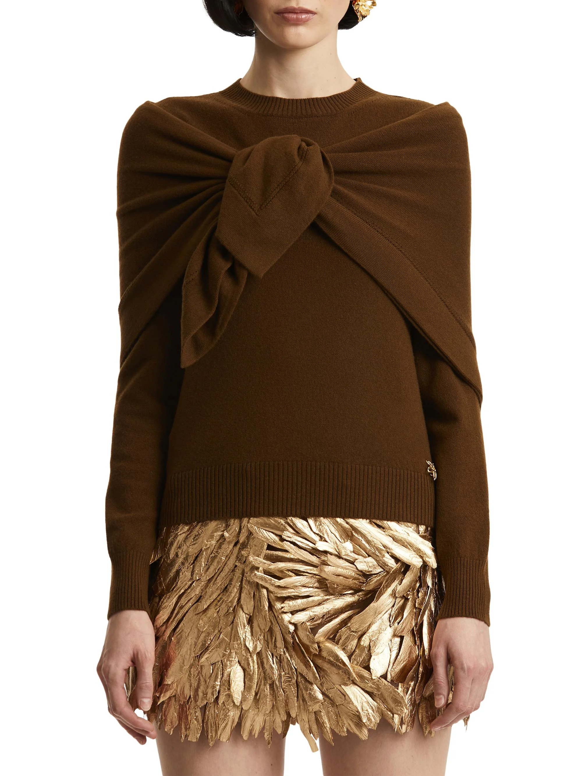 Women's Self-Knit Scarf Detail Cashmere Sweater - Brown - 1