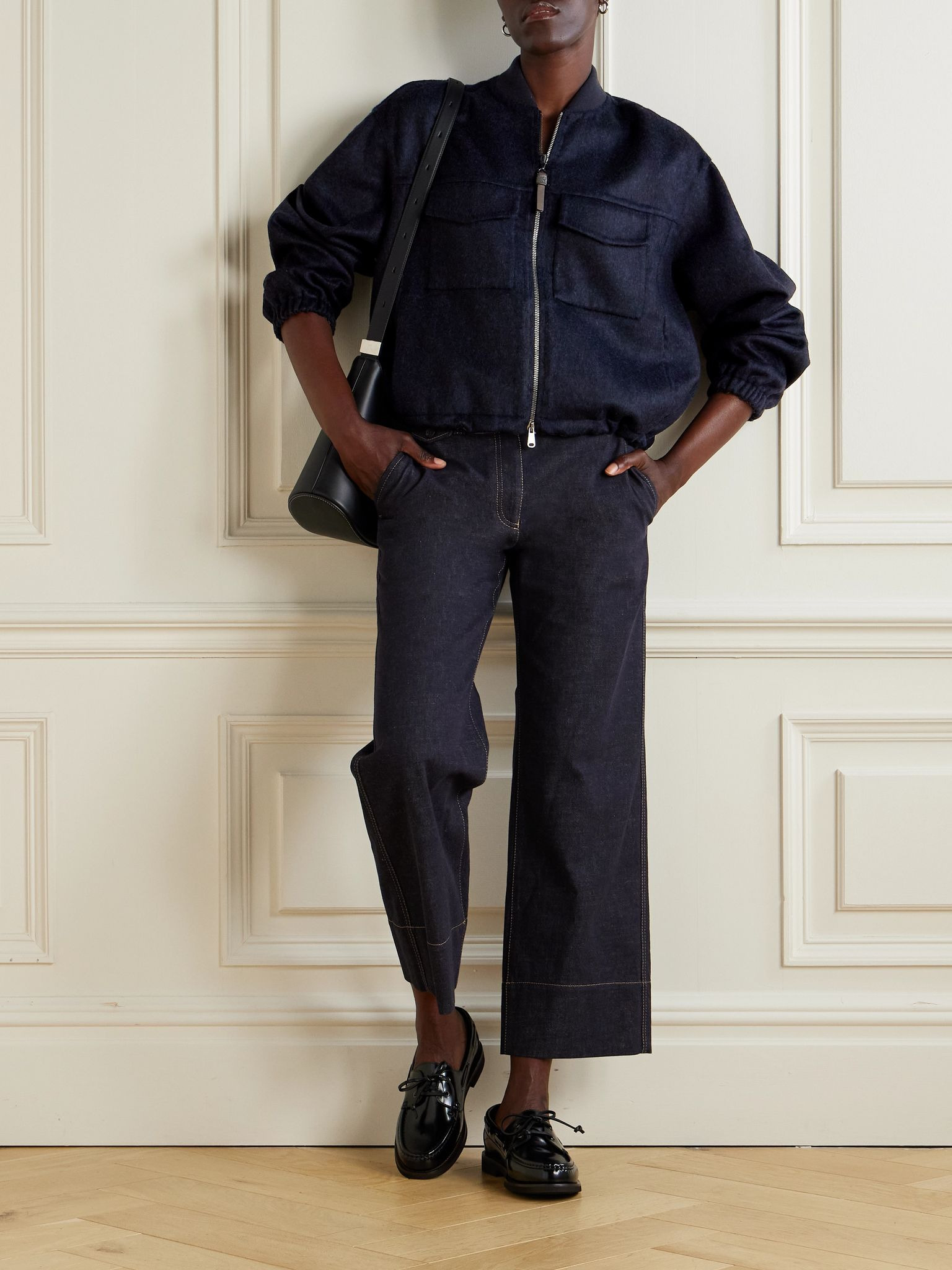 Bead-embellished leather-trimmed wool bomber jacket Navy - 2