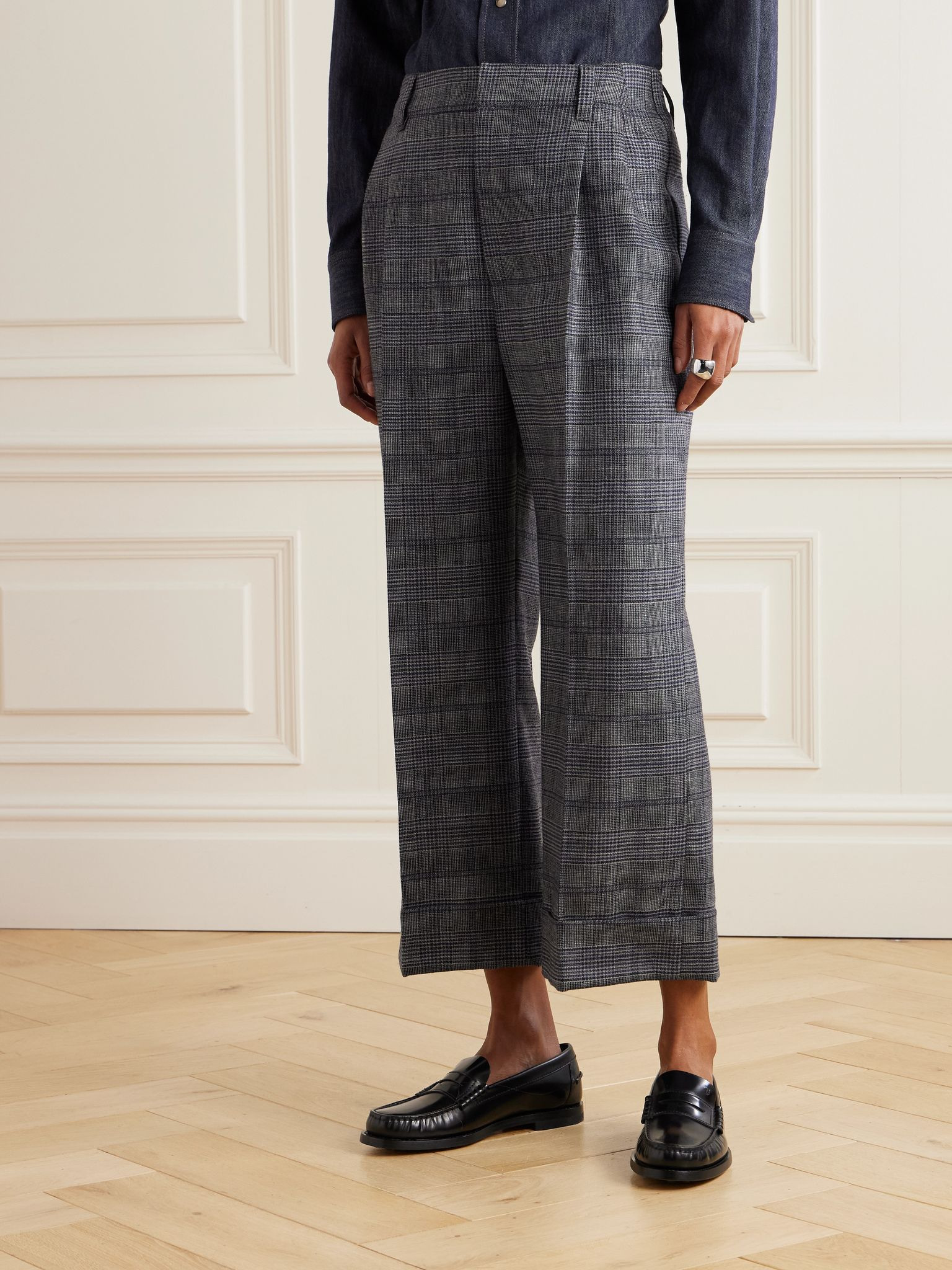 Cropped bead-embellished pleated Prince of Wales checked wool wide-leg pants Gray - 3