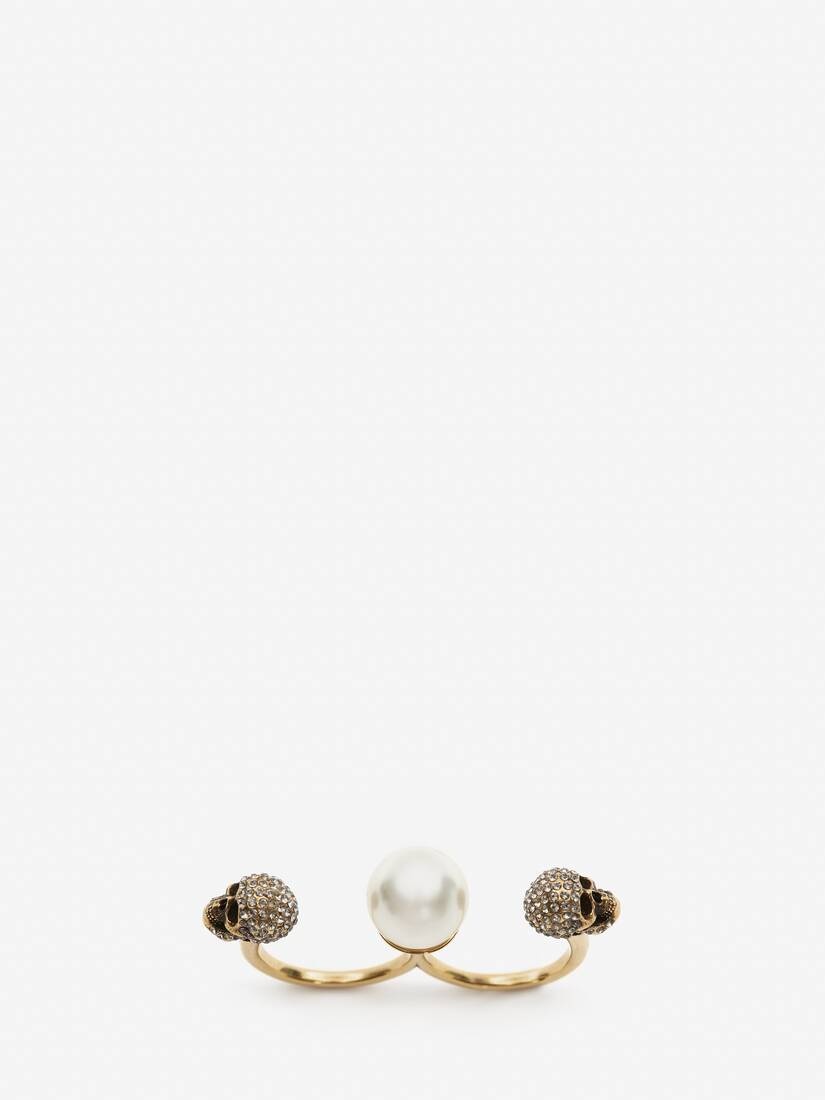 Women's Pearl Skull Double Ring in Antique Gold - 3