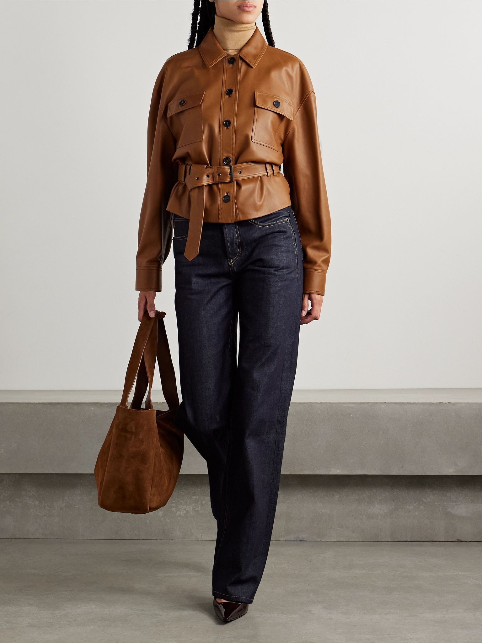 Belted leather jacket Brown - 2