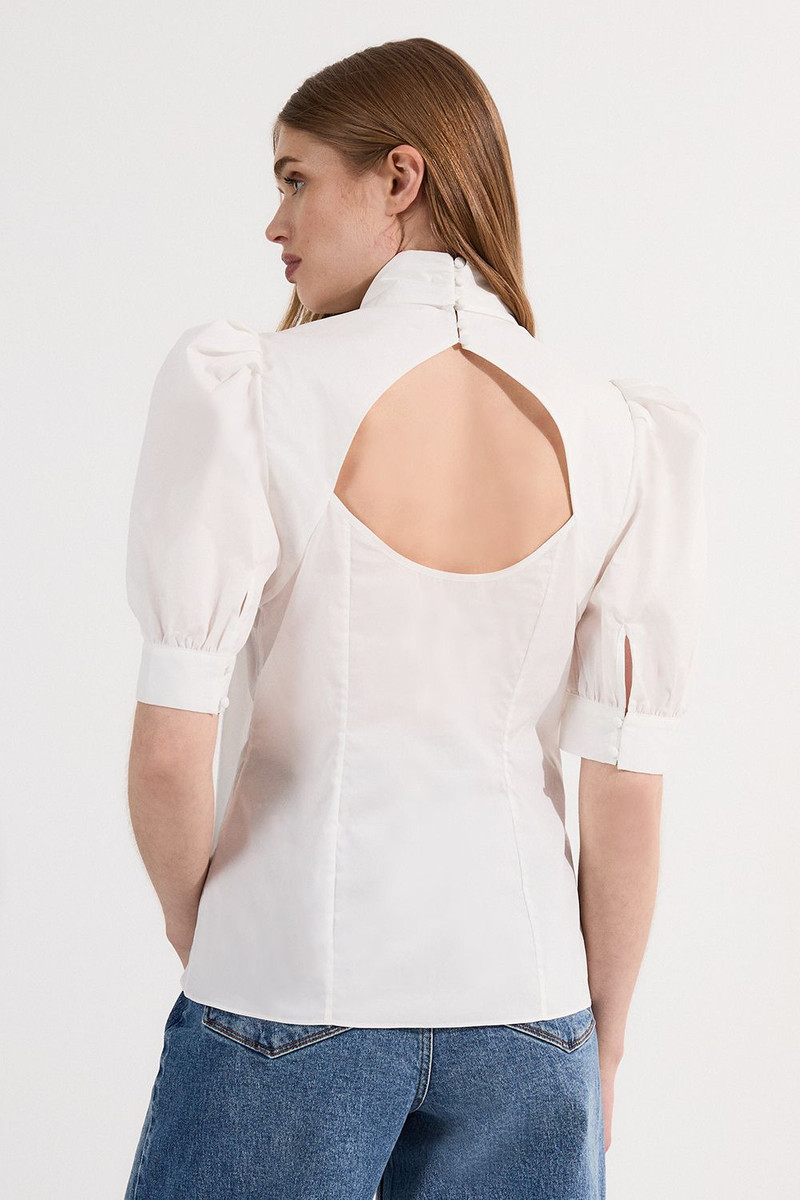 Cotton Poplin Pussy Bow Puff Sleeve Woven Blouse 5