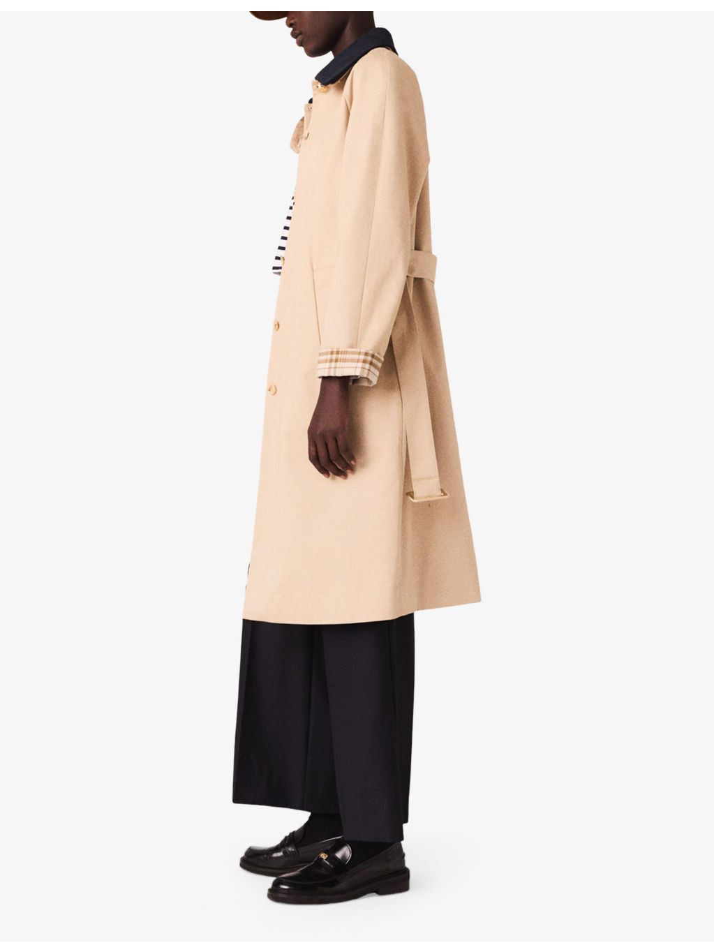 Corduroy-Collar Checked-Cuffs Cotton Trench Coat - 4
