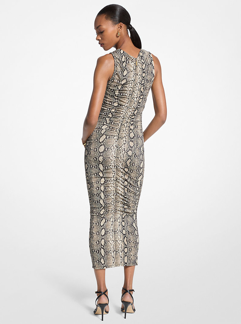 MICHAEL KORS Snake Print Stretch Jersey Ruched Midi Dress outlook