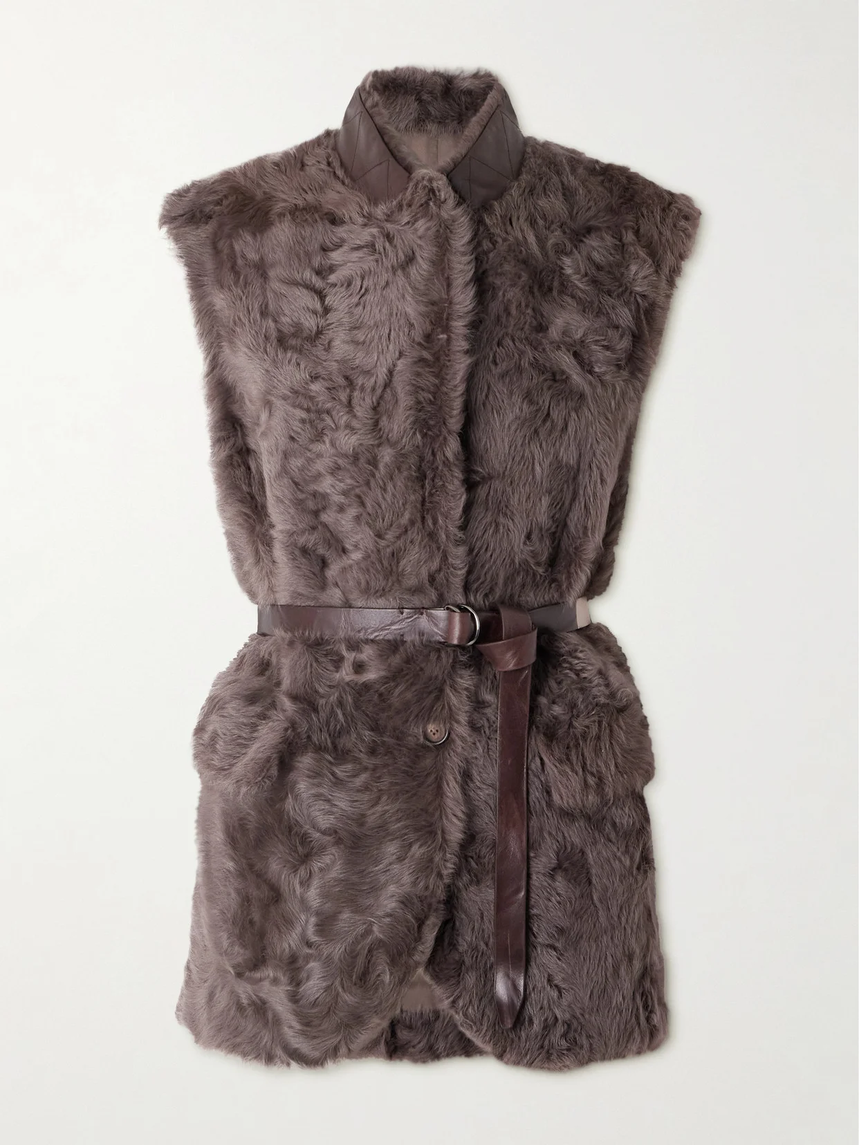 Leather-trimmed Belted Plush Fabric Gilet - 1