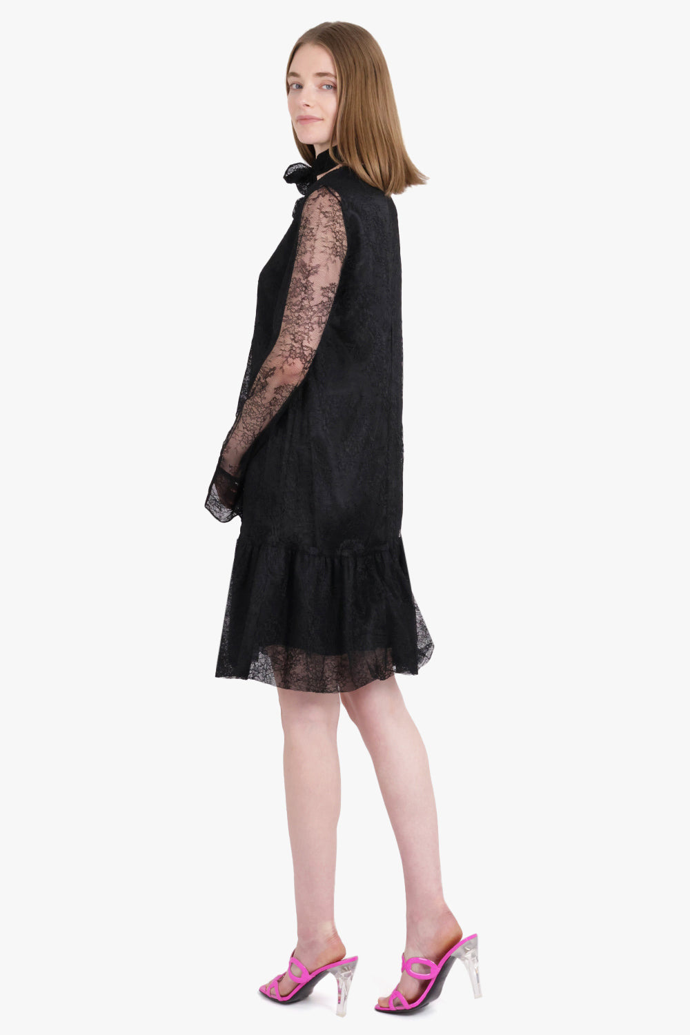 V-NECK RUFFLE LACE DRESS | BLACK - 3