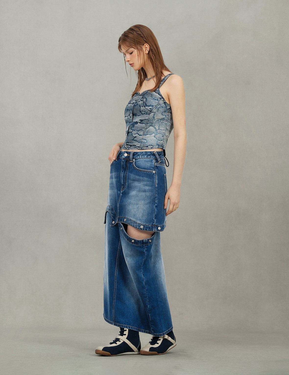Logo Print Fashion Fit Detachable Denim Skirt - 7