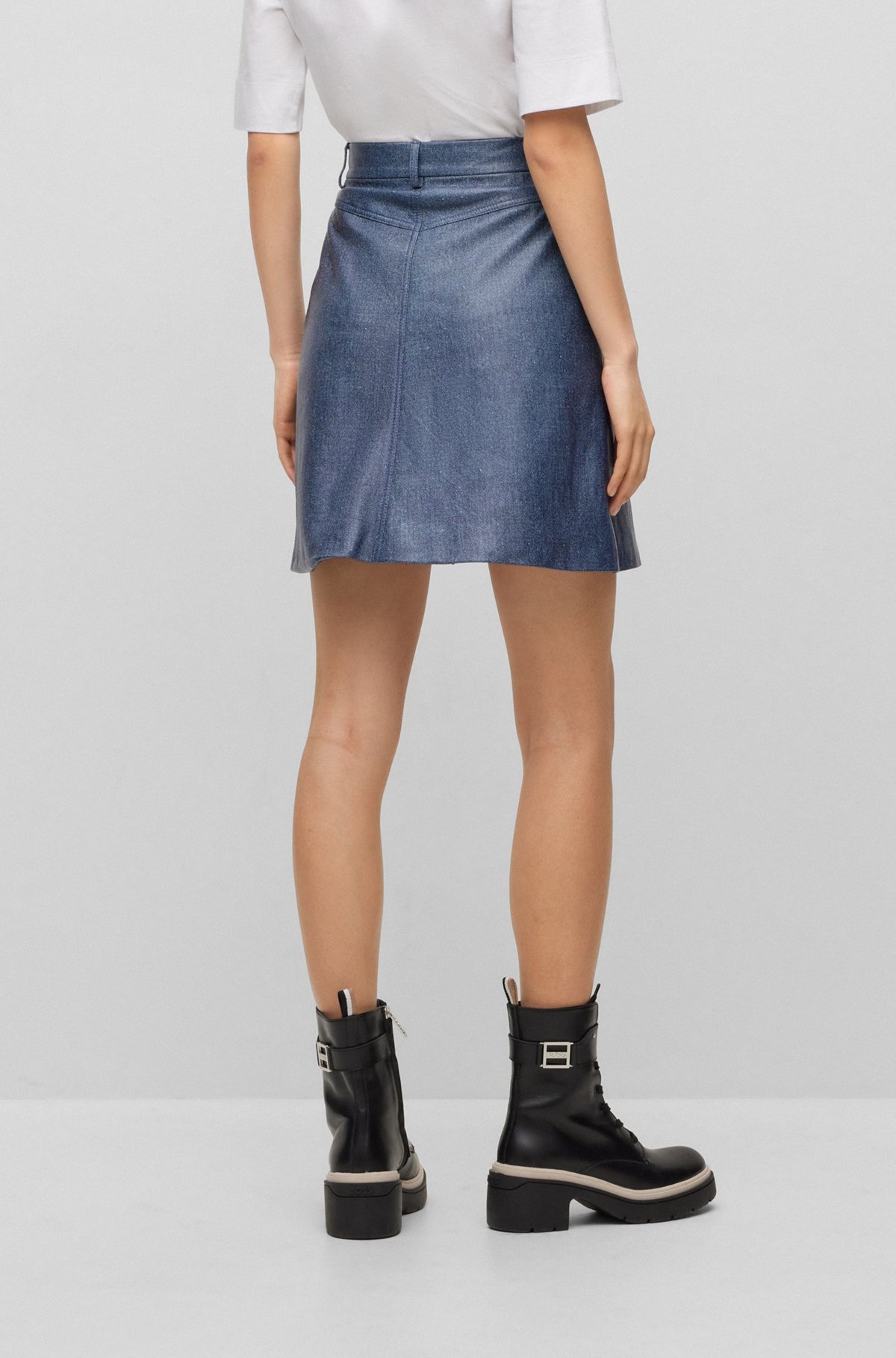 LEATHER MINI SKIRT WITH DENIM PRINT - 4