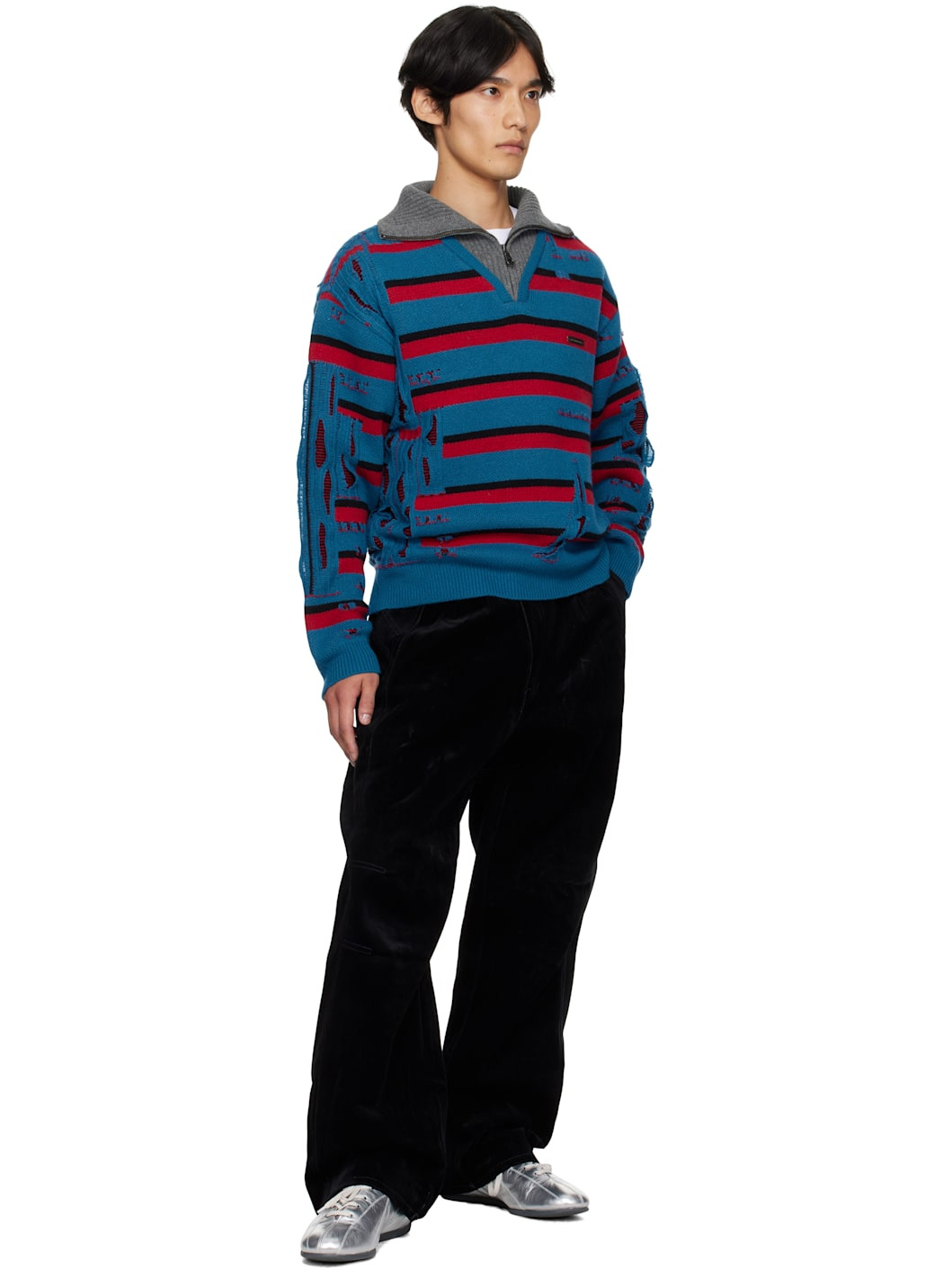 Blue & Red Stripe Jacquard Half Zip Sweater - 4